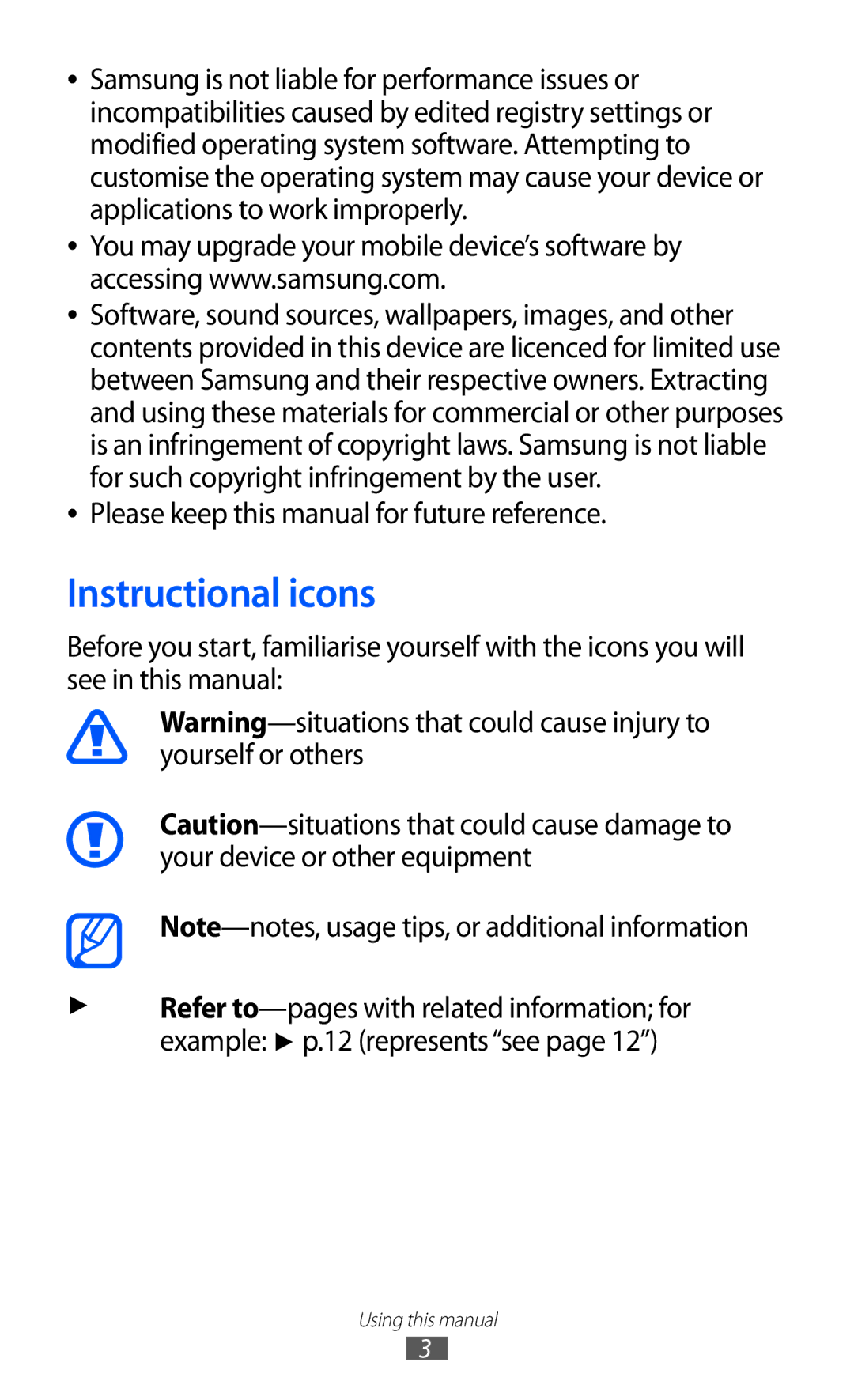 Samsung GT-S7250MSDJED, GT-S7250MSDWIN, GT-S7250MSDITV, GT-S7250MSDYOG, GT-S7250MSDSKZ, GT-S7250MSDTHR Instructional icons 