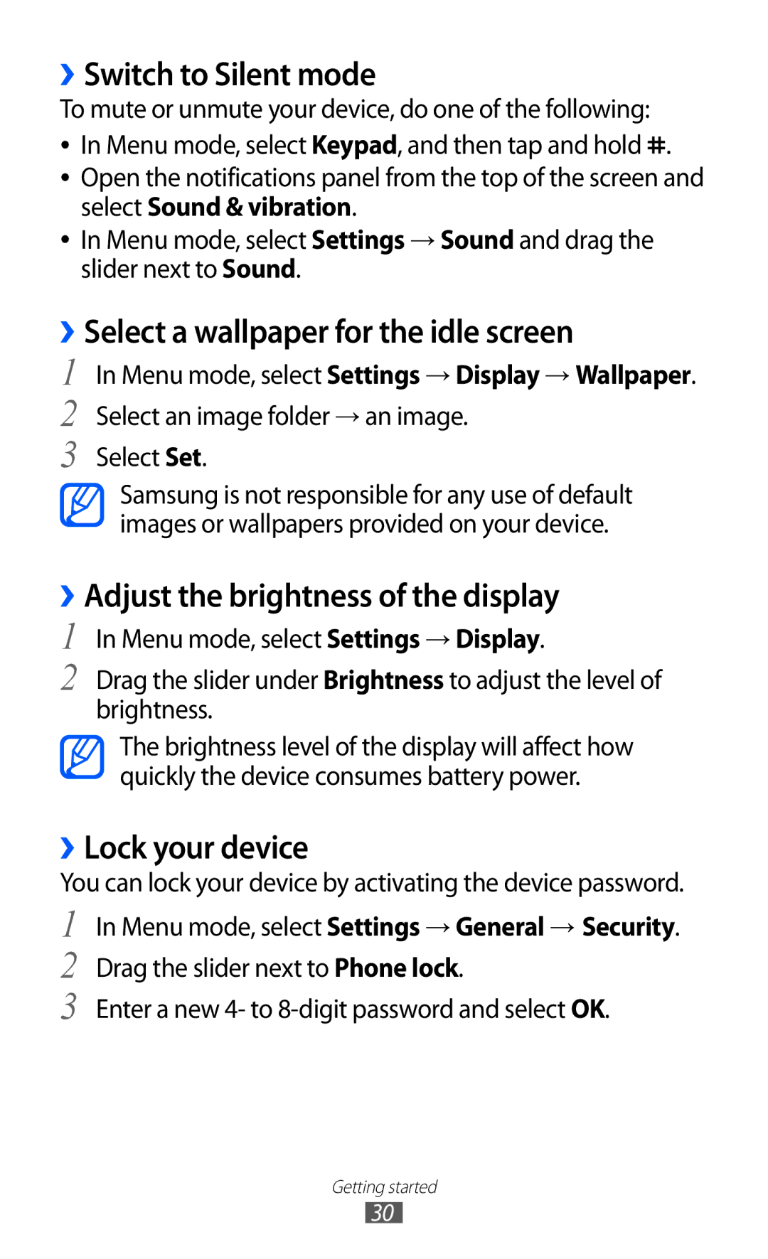 Samsung GT-S7250MSDXEV manual ››Switch to Silent mode, ››Select a wallpaper for the idle screen, ››Lock your device 