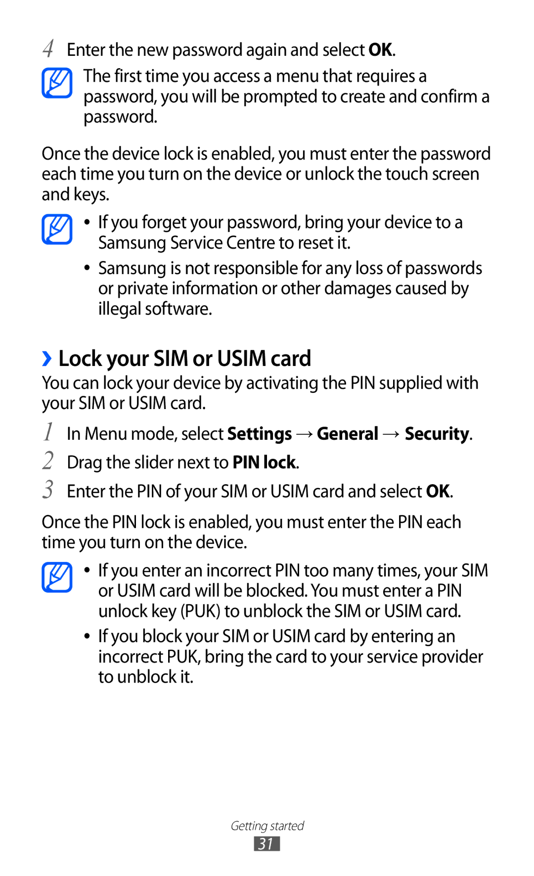 Samsung GT-S7250MSDXXV, GT-S7250MSDWIN, GT-S7250MSDITV, GT-S7250MSDYOG, GT-S7250MSDJED manual ››Lock your SIM or Usim card 