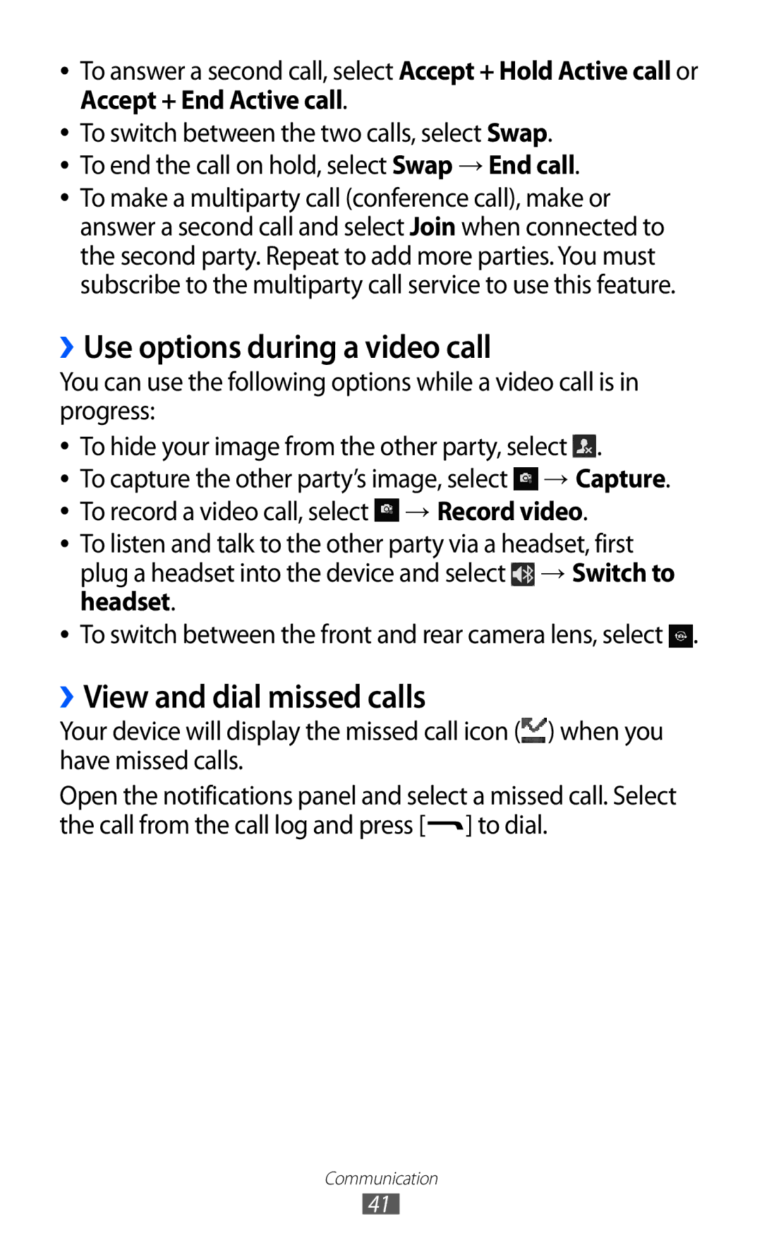 Samsung GT-S7250MSDXEV, GT-S7250MSDWIN, GT-S7250MSDITV manual ››Use options during a video call, ››View and dial missed calls 