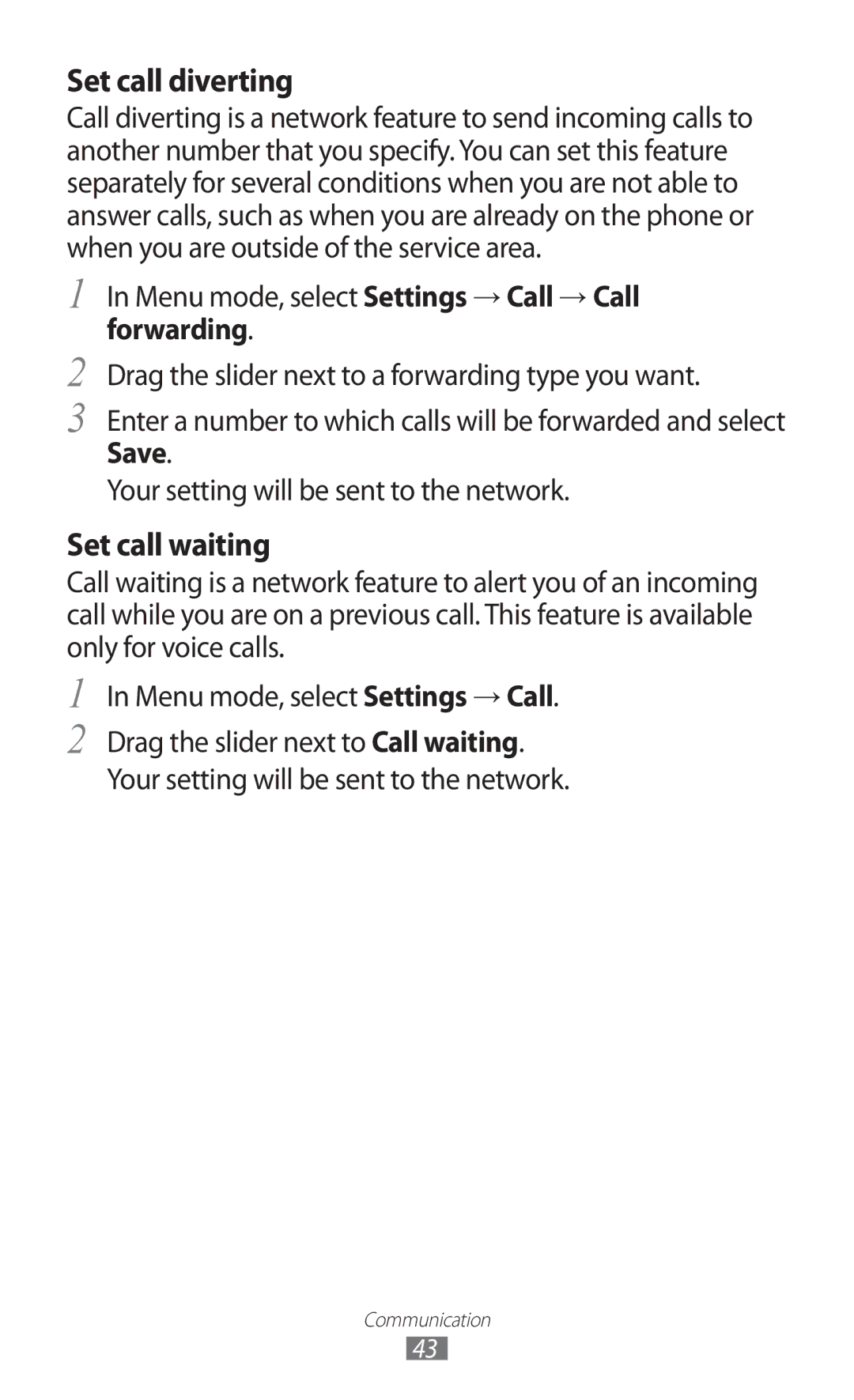 Samsung GT-S7250MSDSER, GT-S7250MSDWIN, GT-S7250MSDITV, GT-S7250MSDYOG, GT-S7250MSDJED, GT-S7250MSDSKZ manual Set call diverting 