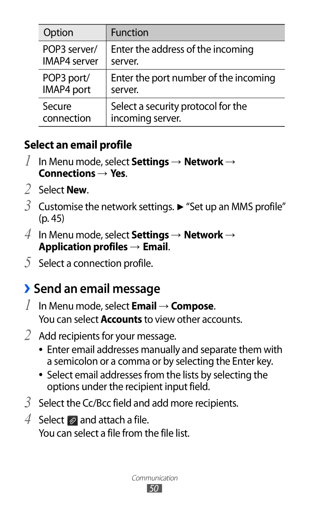 Samsung GT-S7250MSDKSA, GT-S7250MSDWIN, GT-S7250MSDITV, GT-S7250MSDYOG manual ››Send an email message, Select an email profile 