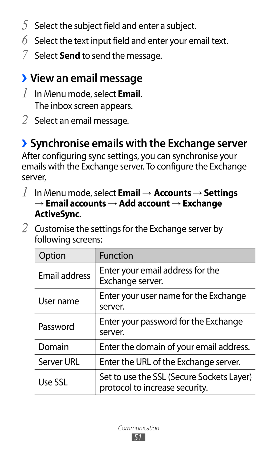 Samsung GT-S7250MSDXSG, GT-S7250MSDWIN manual ››View an email message, ››Synchronise emails with the Exchange server 