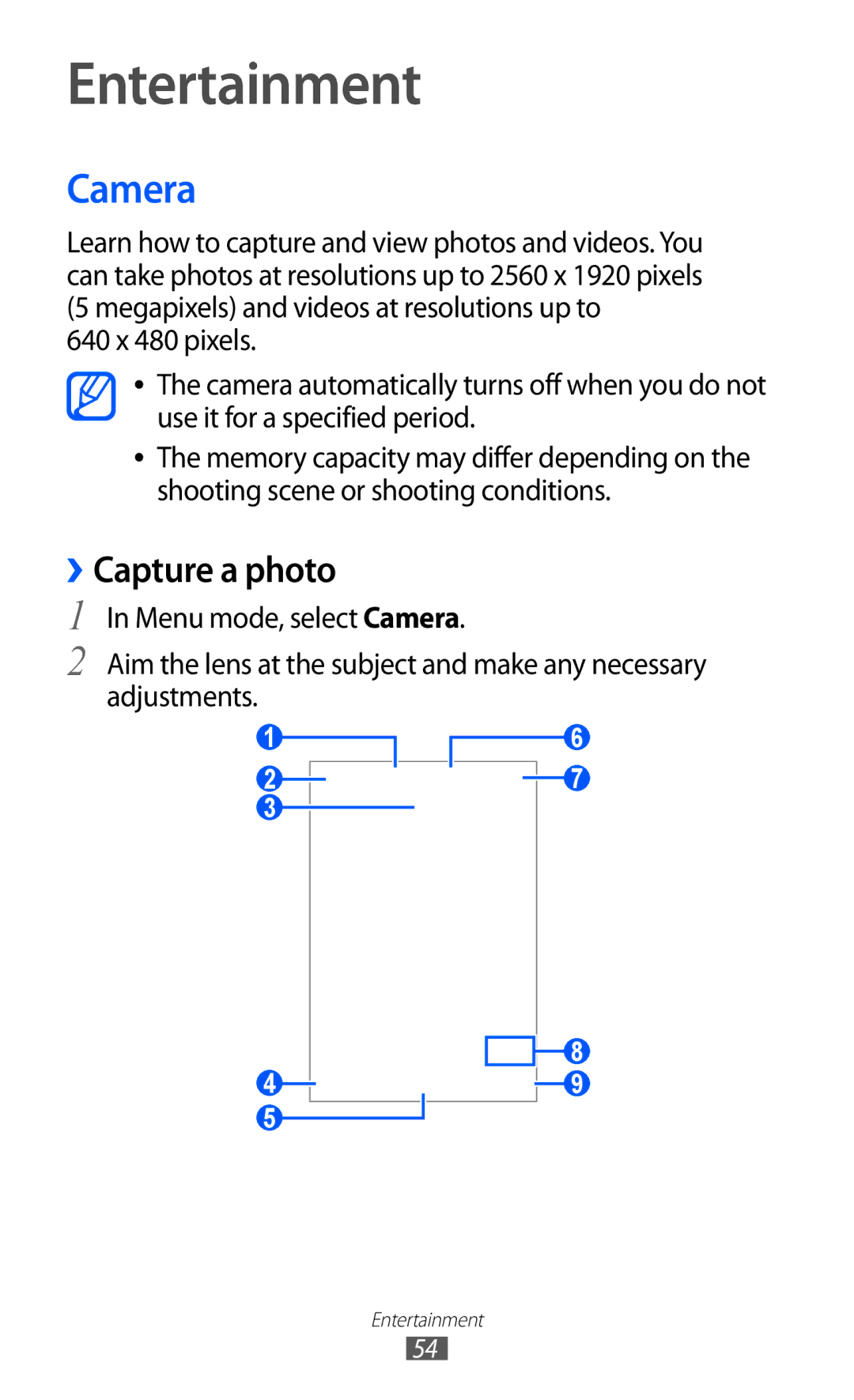 Samsung GT-S7250MSDSER, GT-S7250MSDWIN, GT-S7250MSDITV, GT-S7250MSDYOG manual Entertainment, Camera, ››Capture a photo 