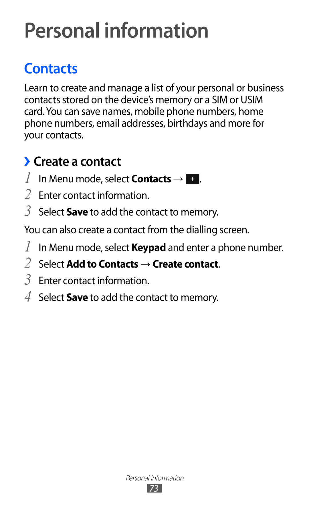 Samsung GT-S7250MSDXSG manual Personal information, ››Create a contact, Select Add to Contacts → Create contact 