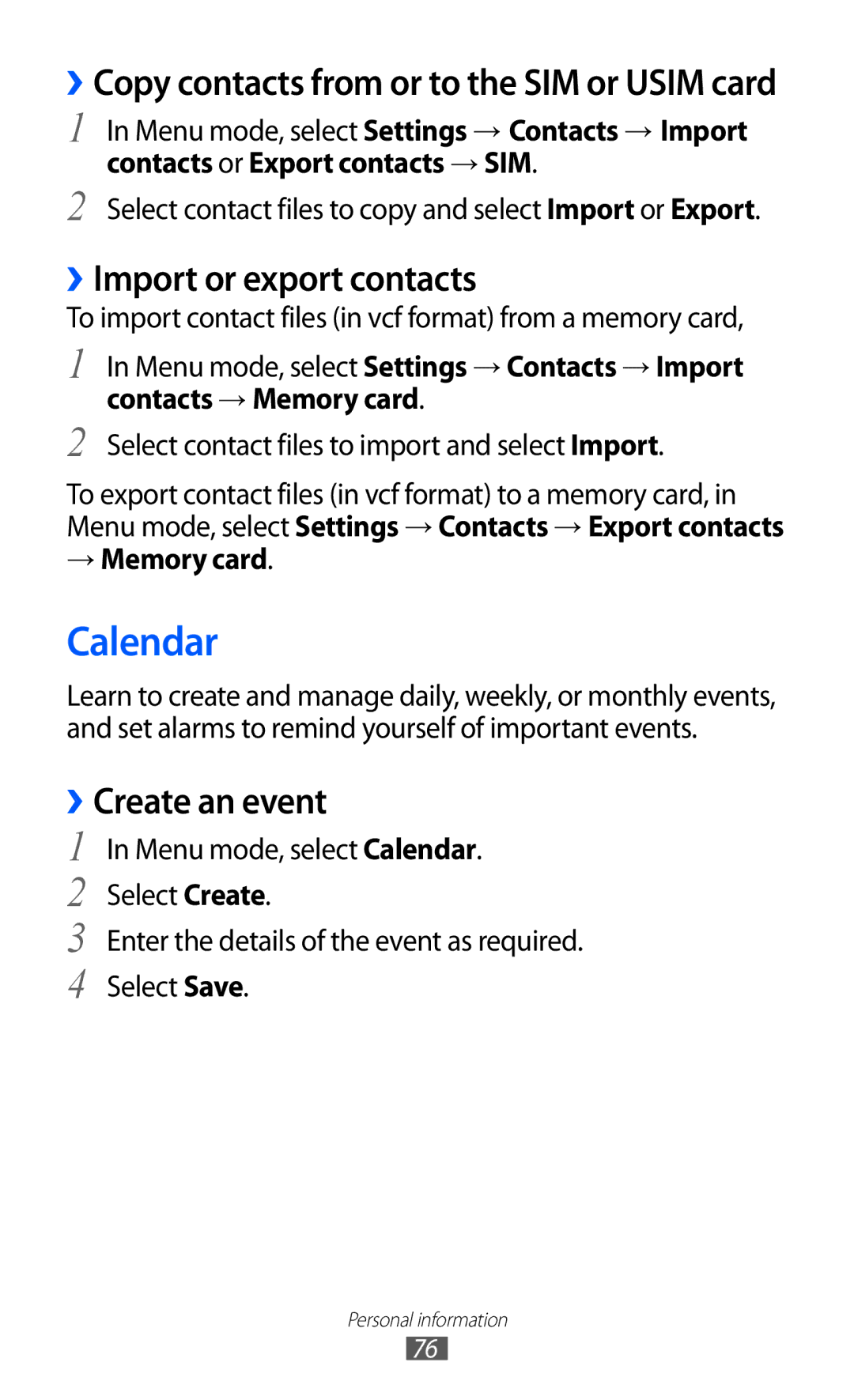 Samsung GT-S7250MSDSER, GT-S7250MSDWIN manual Calendar, ››Import or export contacts, ››Create an event, → Memory card 