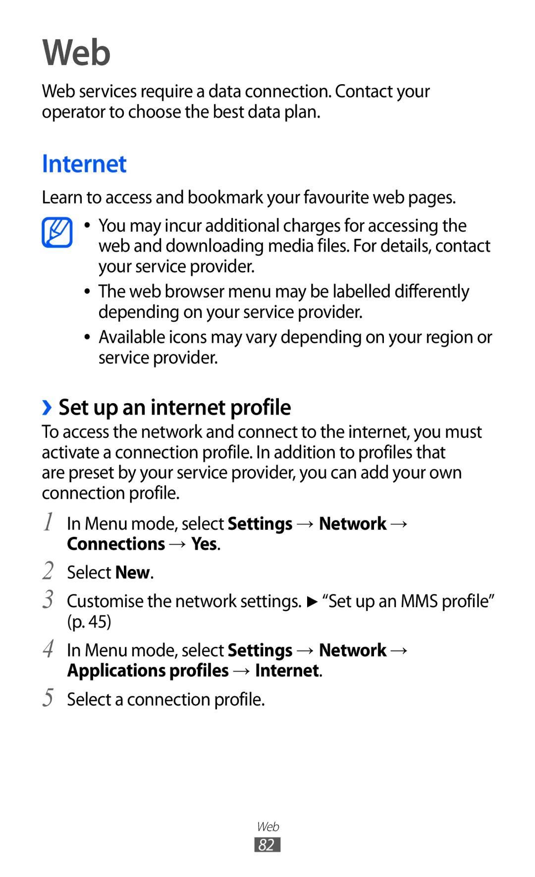 Samsung GT-S7250MSDTHR, GT-S7250MSDWIN, GT-S7250MSDITV, GT-S7250MSDYOG manual Web, Internet, ››Set up an internet profile 