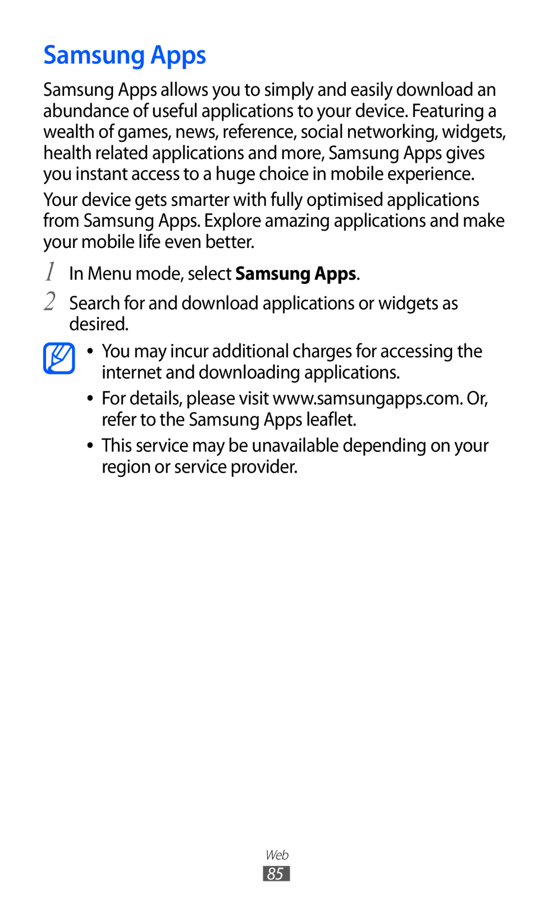 Samsung GT-S7250MSDXEV, GT-S7250MSDWIN, GT-S7250MSDITV, GT-S7250MSDYOG, GT-S7250MSDJED, GT-S7250MSDSKZ manual Samsung Apps 