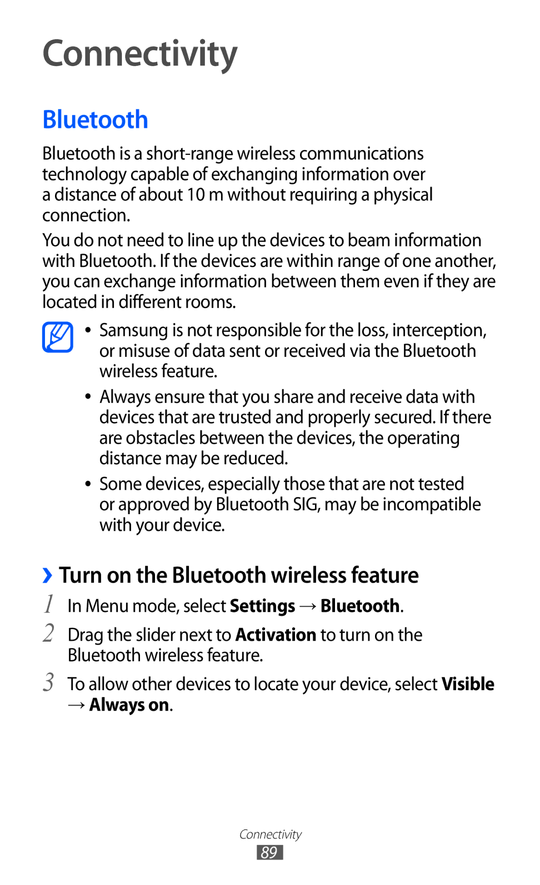 Samsung GT-S7250MSDITV, GT-S7250MSDWIN manual Connectivity, ››Turn on the Bluetooth wireless feature, → Always on 