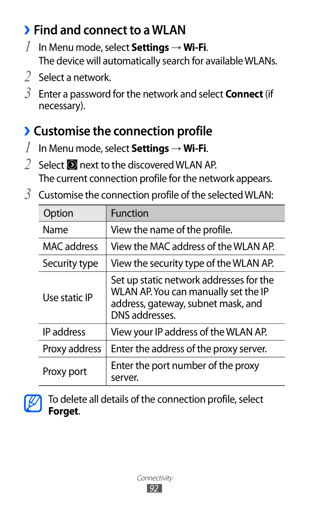 Samsung GT-S7250MSDSKZ, GT-S7250MSDWIN, GT-S7250MSDITV ››Find and connect to a Wlan, ››Customise the connection profile 