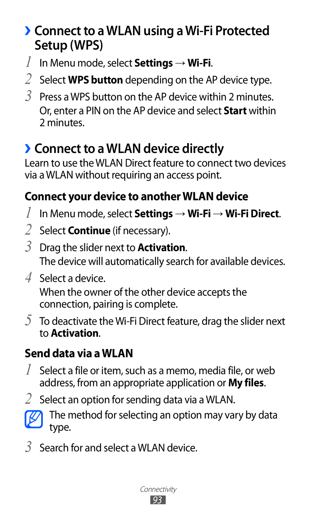 Samsung GT-S7250MSDTHR Setup WPS, ››Connect to a Wlan device directly, Menu mode, select Settings → Wi-Fi → Wi-Fi Direct 