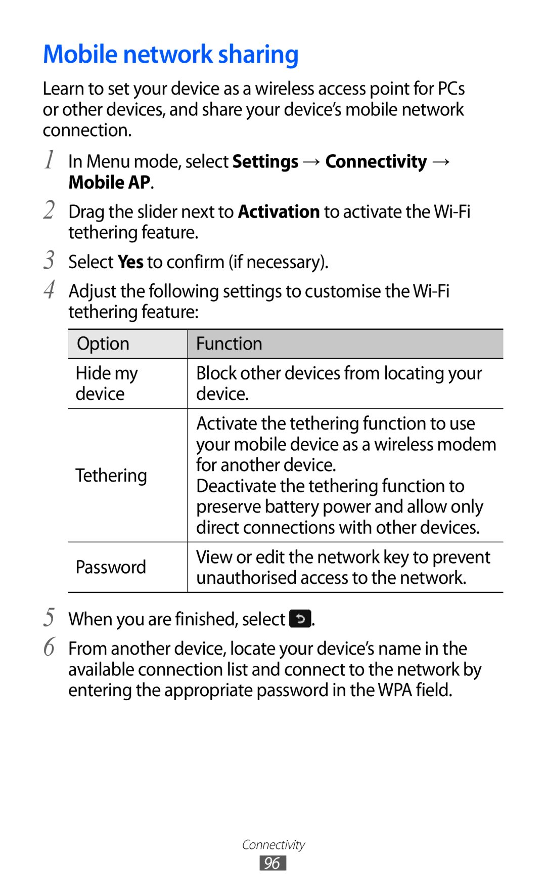 Samsung GT-S7250MSDXEV, GT-S7250MSDWIN, GT-S7250MSDITV, GT-S7250MSDYOG Mobile network sharing, When you are finished, select 