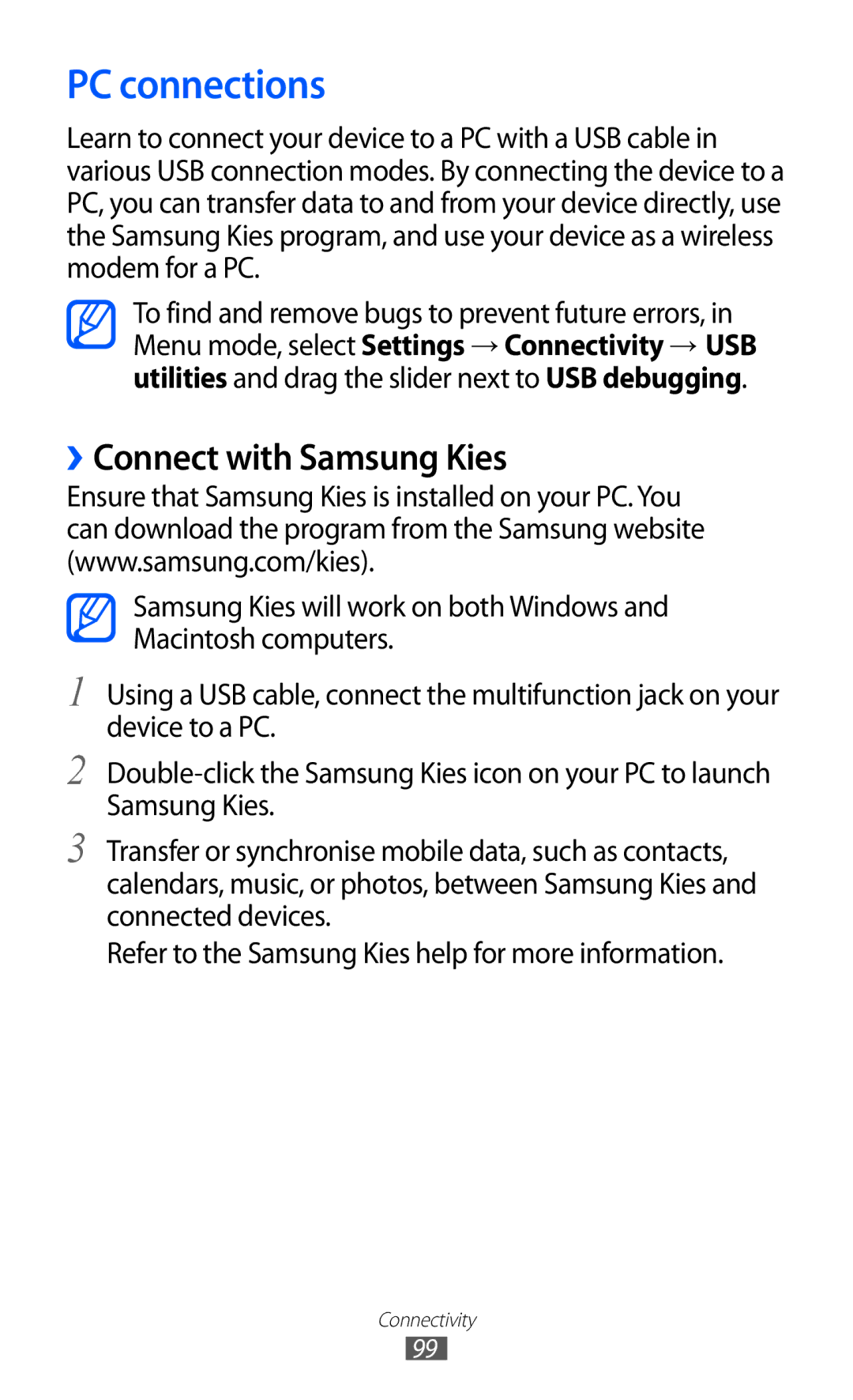 Samsung GT-S7250MSDWIN, GT-S7250MSDITV, GT-S7250MSDYOG, GT-S7250MSDJED manual PC connections, ››Connect with Samsung Kies 