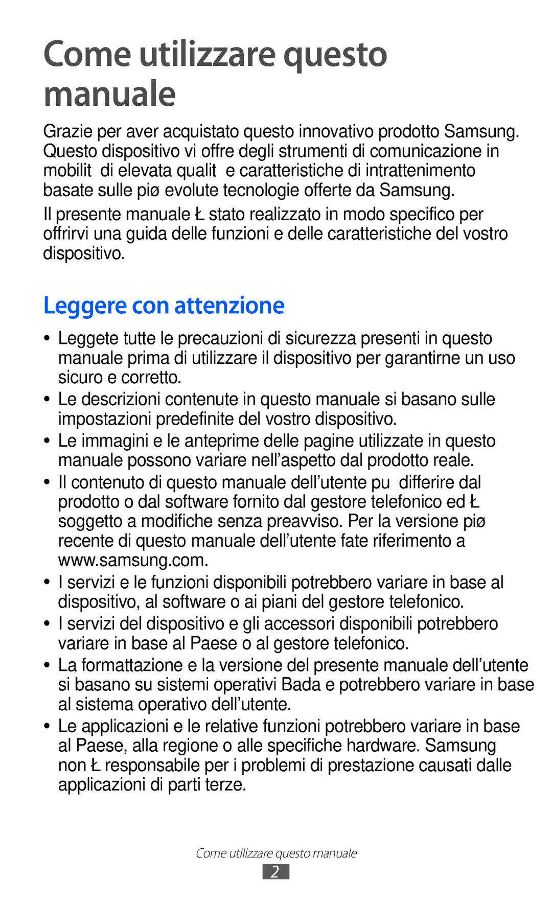 Samsung GT-S7250MSDWIN, GT-S7250MSDITV Come utilizzare questo manuale, Leggere con attenzione 