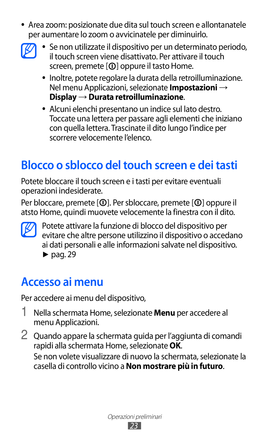 Samsung GT-S7250MSDITV, GT-S7250MSDWIN manual Accesso ai menu, Display → Durata retroilluminazione, Pag 