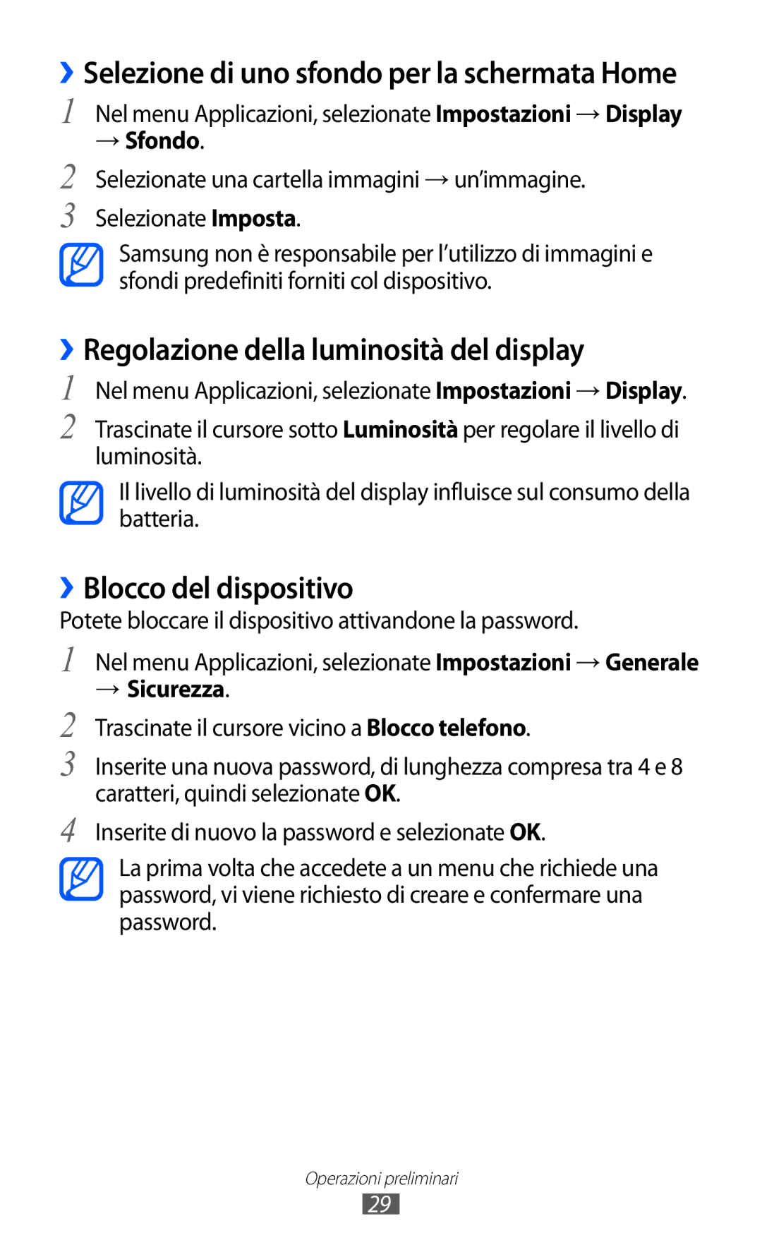 Samsung GT-S7250MSDITV manual ››Regolazione della luminosità del display, ››Blocco del dispositivo, → Sfondo, → Sicurezza 