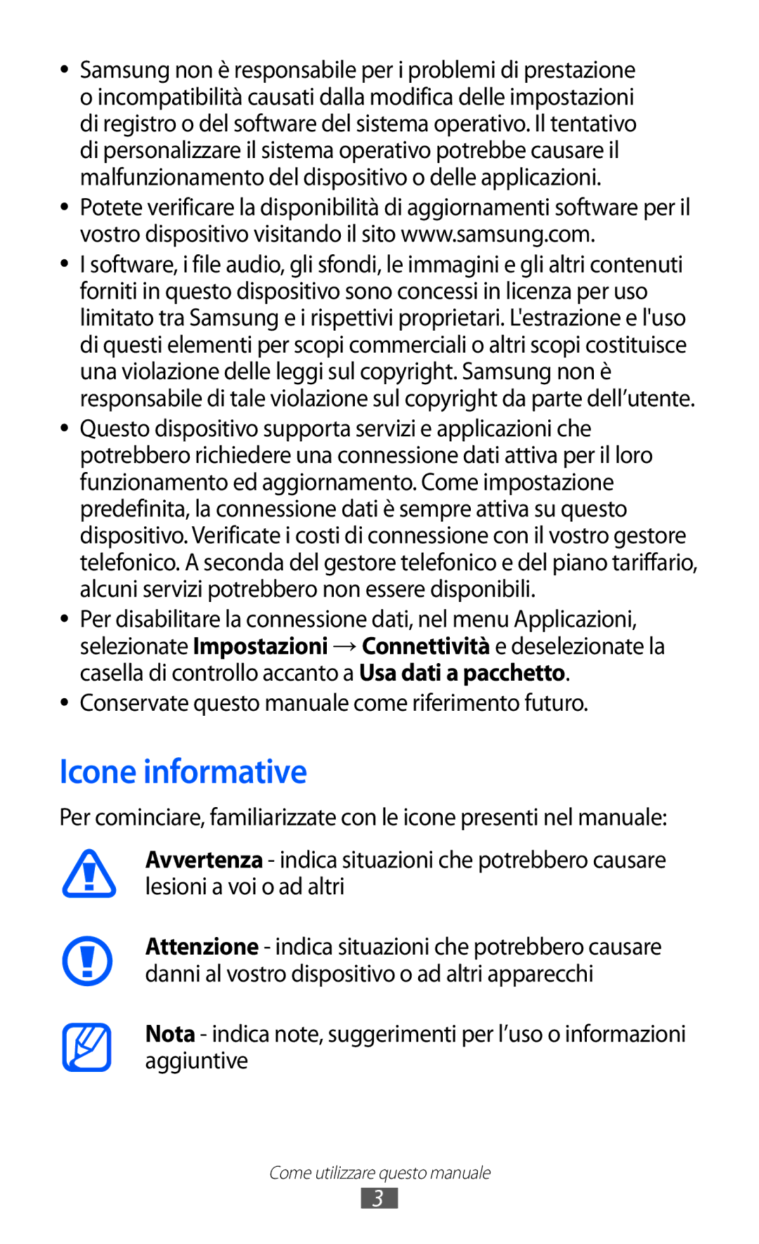 Samsung GT-S7250MSDITV, GT-S7250MSDWIN Icone informative, Conservate questo manuale come riferimento futuro 