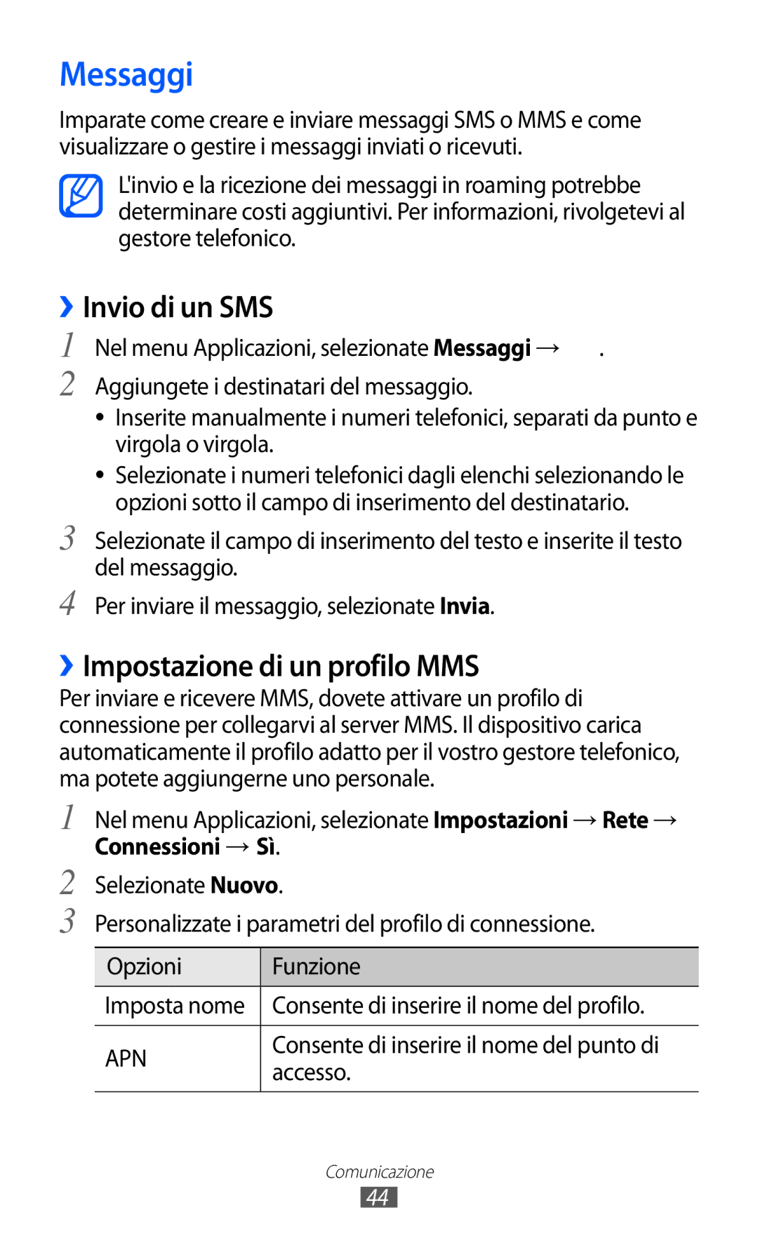 Samsung GT-S7250MSDWIN, GT-S7250MSDITV manual Messaggi, ››Invio di un SMS, ››Impostazione di un profilo MMS, Accesso 