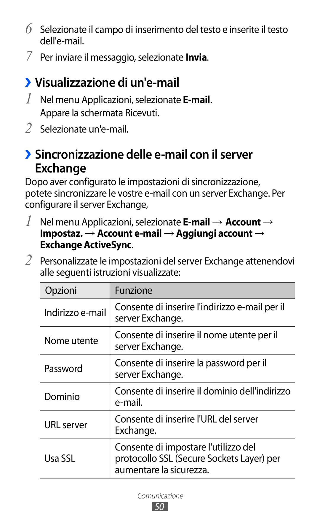 Samsung GT-S7250MSDWIN manual ››Visualizzazione di une-mail, ››Sincronizzazione delle e-mail con il server Exchange 