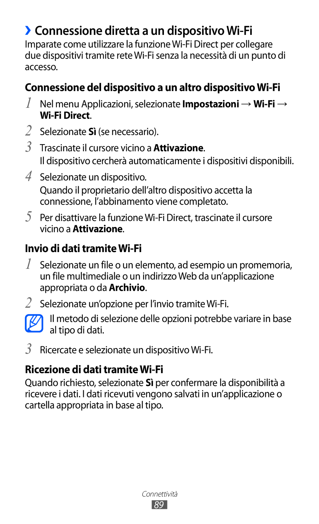 Samsung GT-S7250MSDITV manual ››Connessione diretta a un dispositivo Wi-Fi, Wi-Fi Direct, Selezionate un dispositivo 