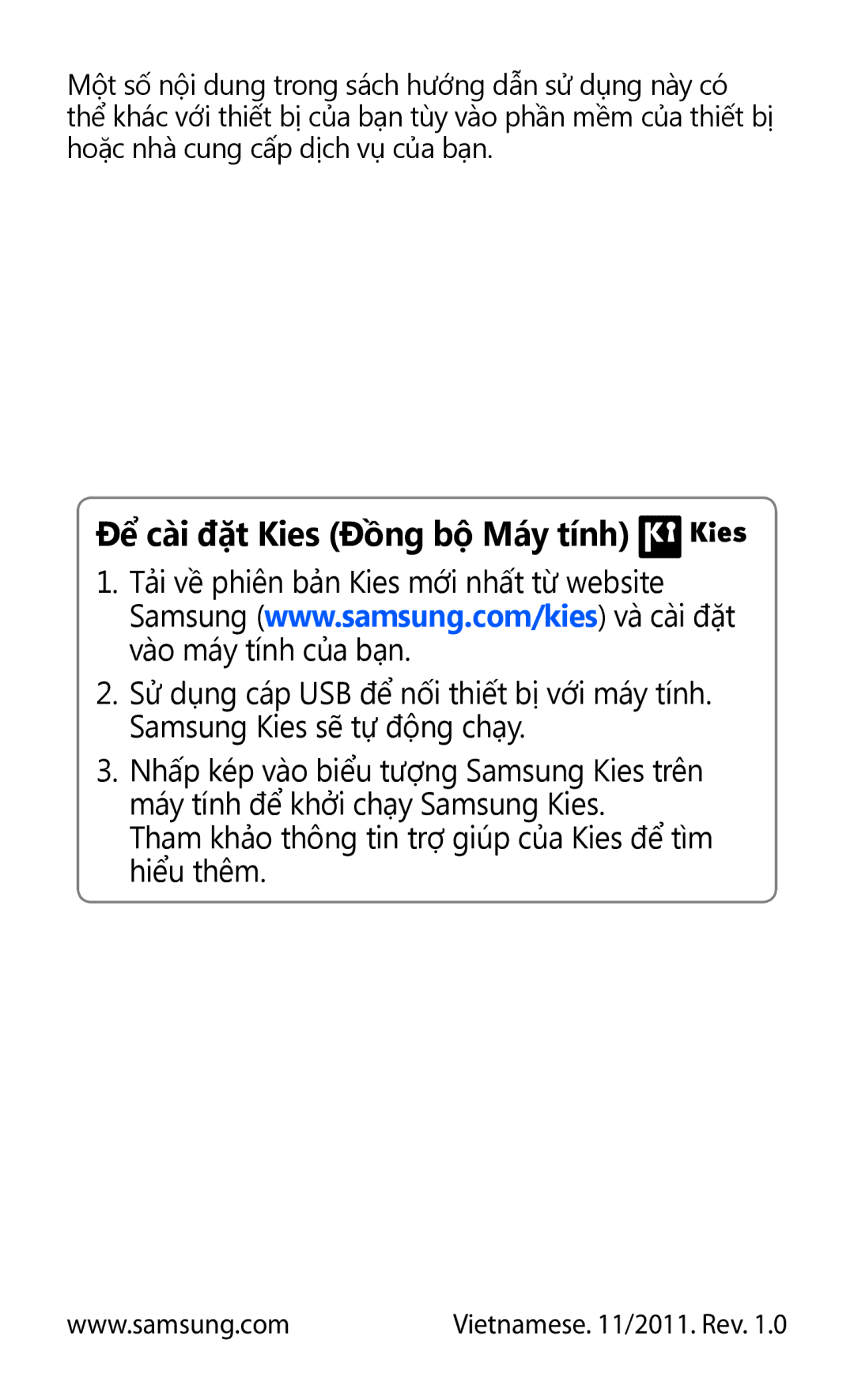 Samsung GT-S7250MSDXXV, GT-S7250MSDXEV manual Để cài đặt Kies Đồng bộ Máy tính 