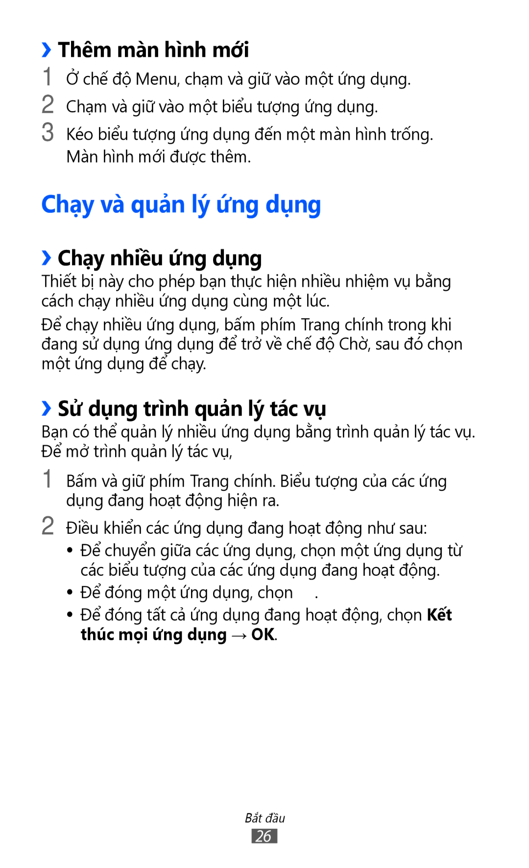 Samsung GT-S7250MSDXEV, GT-S7250MSDXXV manual Chạy và quản lý ứng dụng, ››Thêm màn hình mới, ››Chạy nhiều ứng dụng 