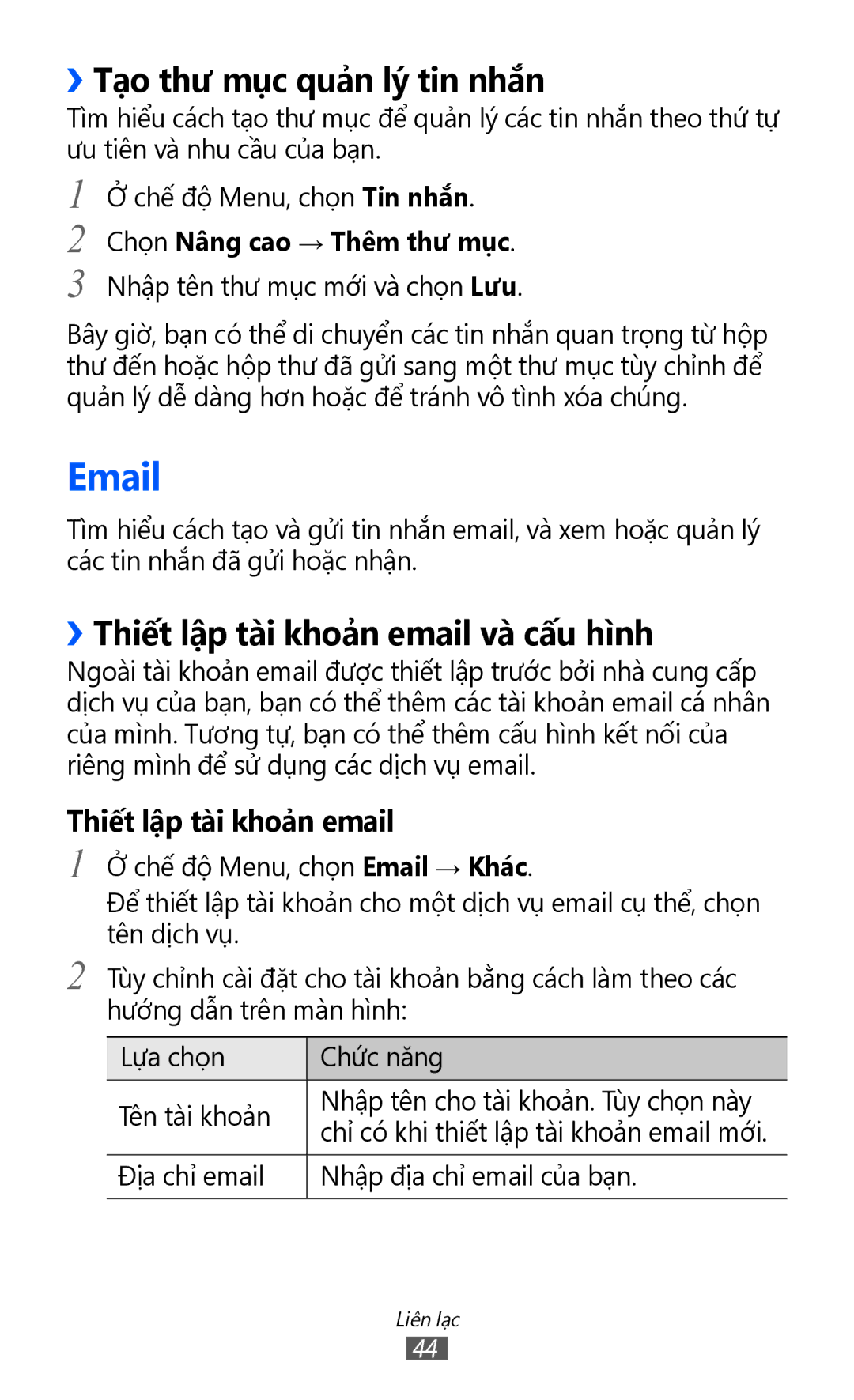 Samsung GT-S7250MSDXEV, GT-S7250MSDXXV manual ››Tạo thư mục quản lý tin nhắn, ››Thiết lập tài khoản email và cấu hình 