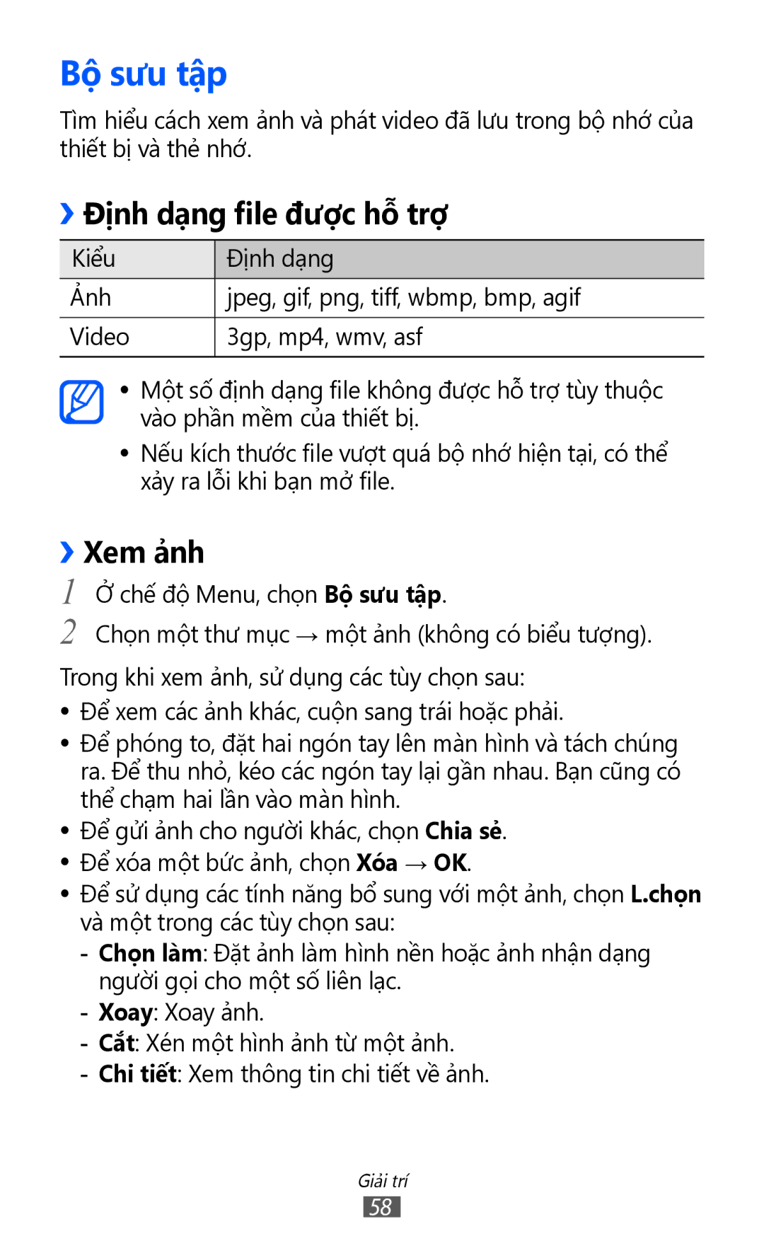 Samsung GT-S7250MSDXEV, GT-S7250MSDXXV manual Bộ sưu tập, ››Định dạng file được hỗ trợ, ››Xem ảnh 
