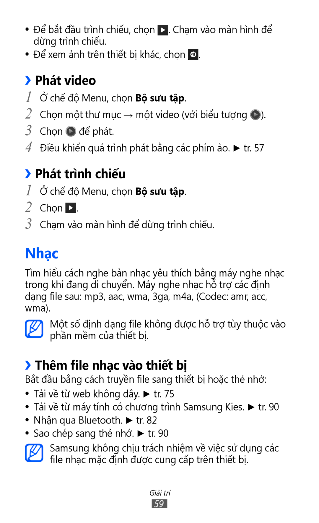 Samsung GT-S7250MSDXXV, GT-S7250MSDXEV manual Nhạc, ››Phát trình chiếu, ››Thêm file nhạc vào thiết bị 