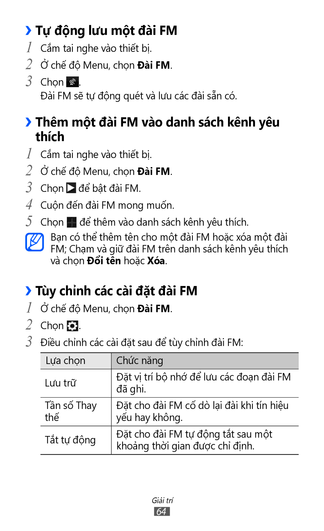Samsung GT-S7250MSDXEV, GT-S7250MSDXXV manual ››Tự động lưu một đài FM, ››Thêm một đài FM vào danh sách kênh yêu thích 