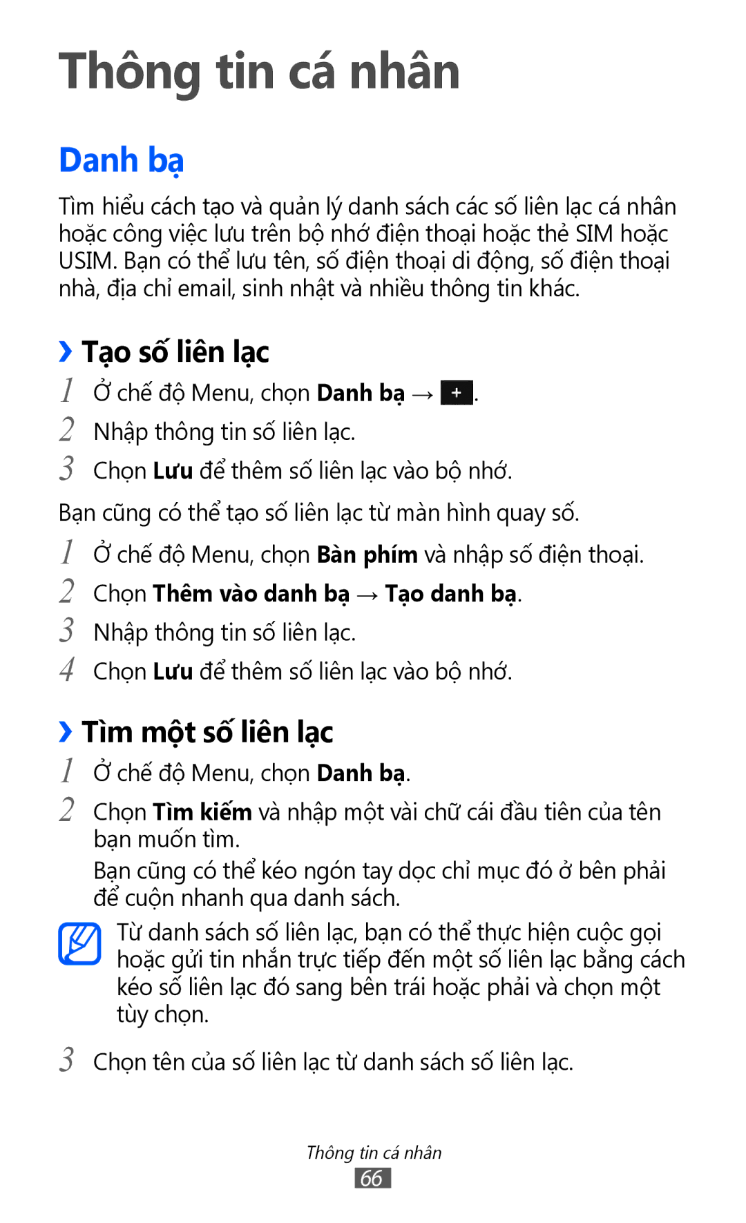 Samsung GT-S7250MSDXEV, GT-S7250MSDXXV manual Thông tin cá nhân, Danh bạ, ››Tạo số liên lạc, ››Tìm một số liên lạc 