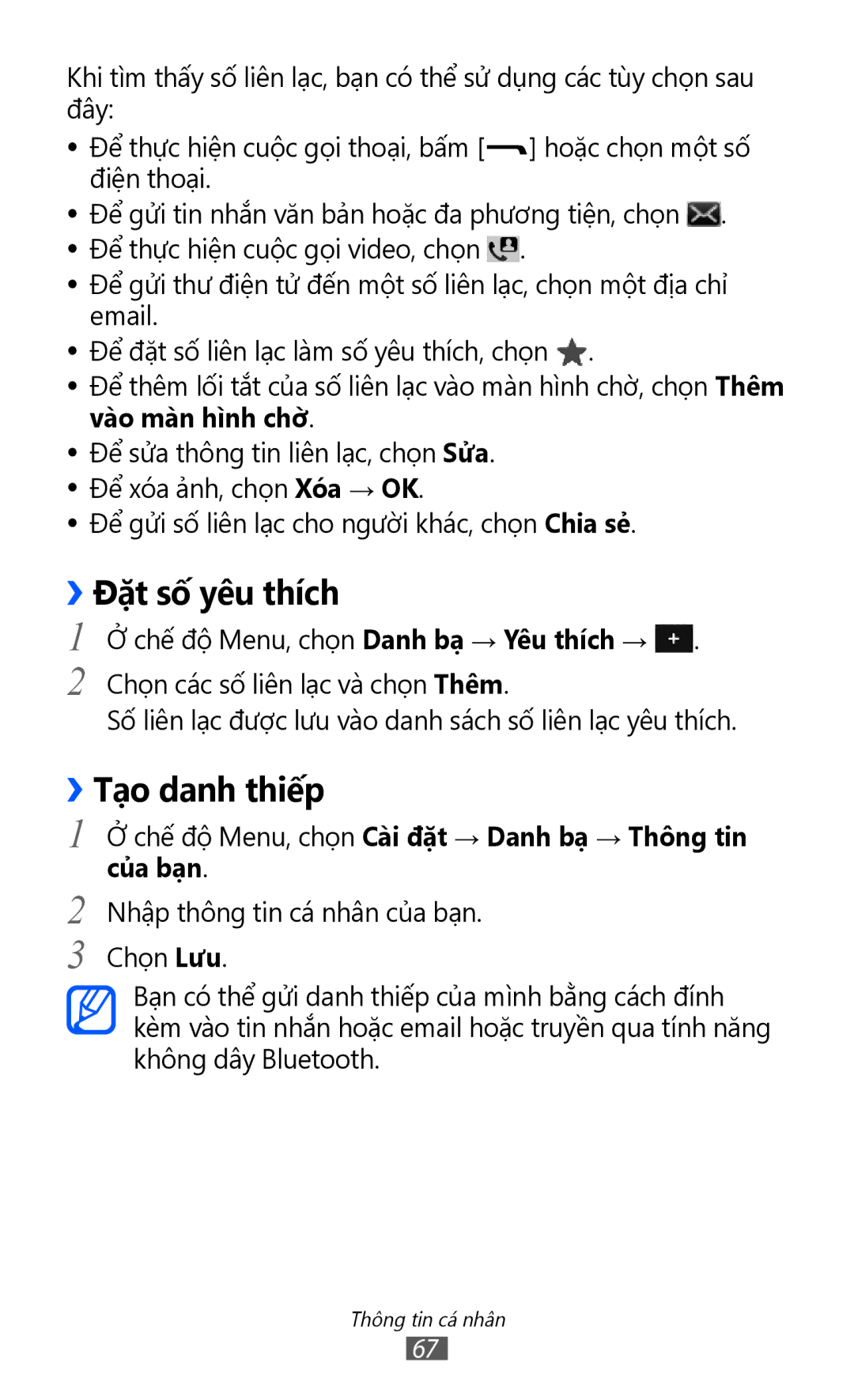 Samsung GT-S7250MSDXXV manual ››Đặt số yêu thích, ››Tạo danh thiếp, Chế độ Menu, chọn Cài đặt → Danh bạ → Thông tin của bạn 