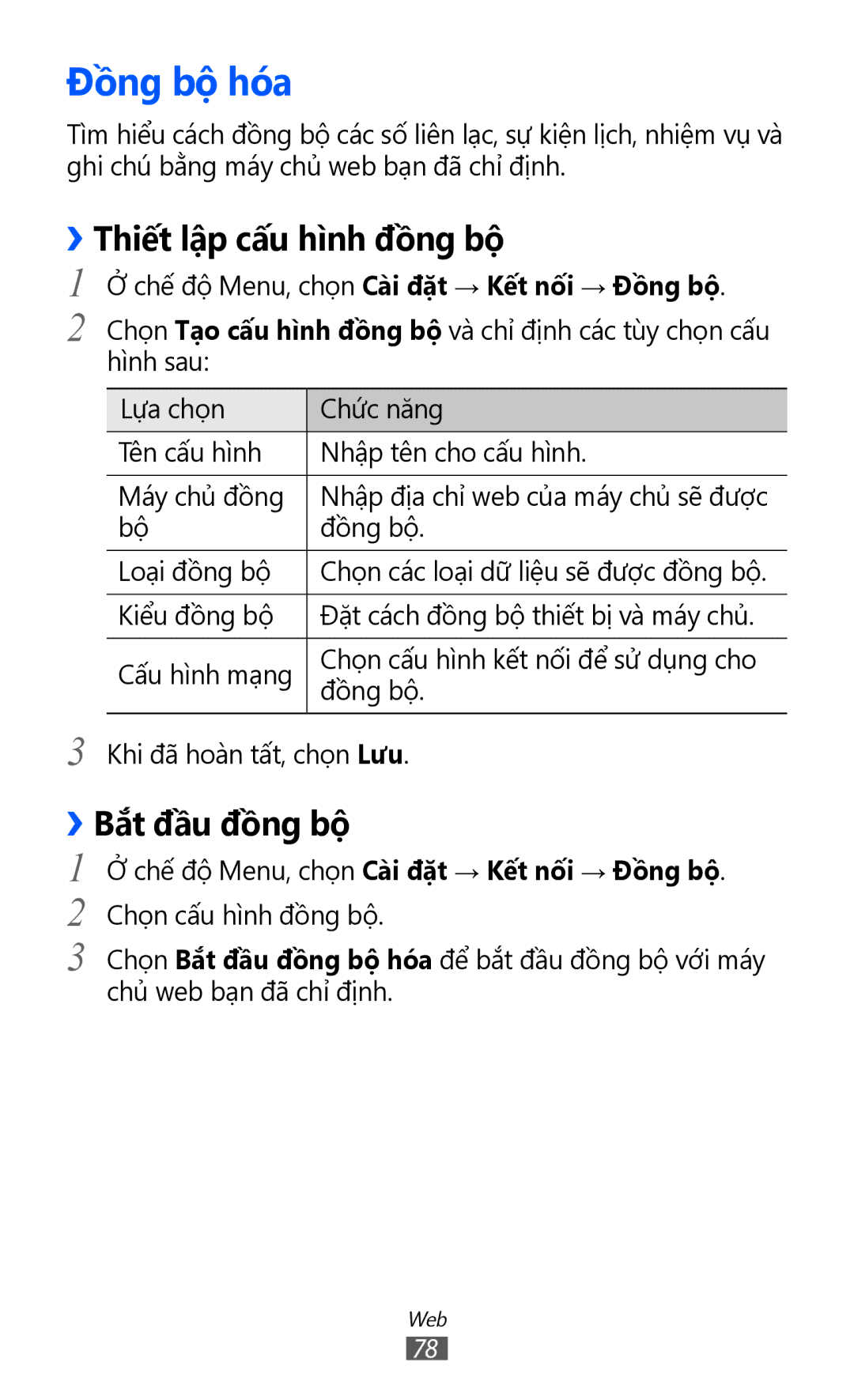 Samsung GT-S7250MSDXEV, GT-S7250MSDXXV manual Đồng bộ hóa, ››Thiết lập cấu hình đồng bộ, ››Bắt đầu đồng bộ 