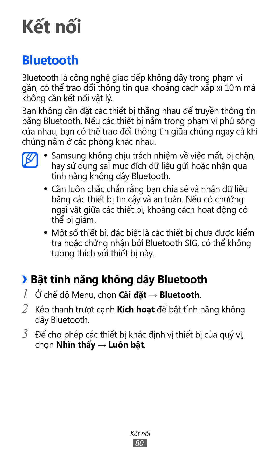 Samsung GT-S7250MSDXEV, GT-S7250MSDXXV manual Kết nối, ››Bật tính năng không dây Bluetooth 