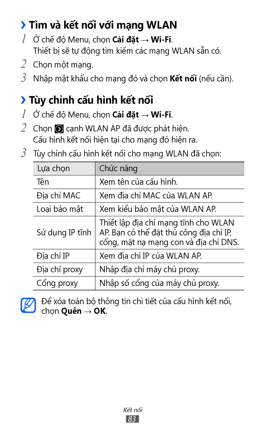 Samsung GT-S7250MSDXXV, GT-S7250MSDXEV manual ››Tìm và kết nối với mạng Wlan, ››Tùy chỉnh cấu hình kết nối 