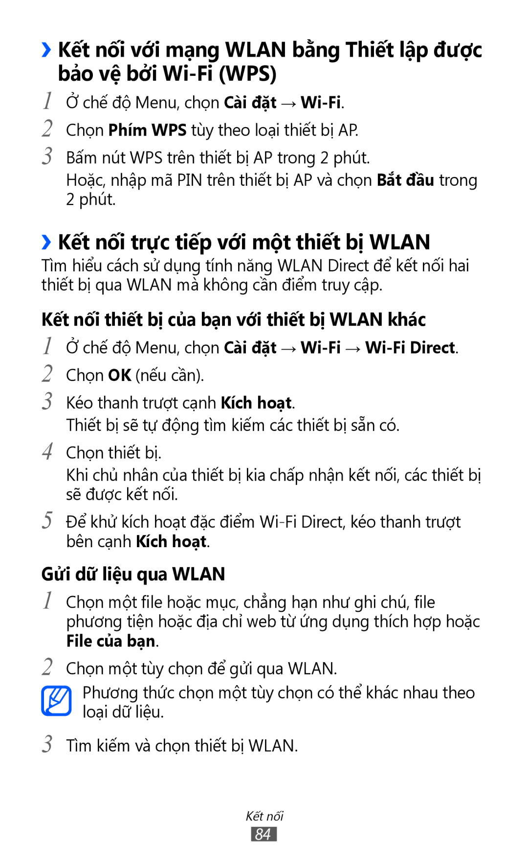 Samsung GT-S7250MSDXEV manual ››Kết nối trực tiếp với một thiết bị Wlan, Kết nối thiết bị của bạn với thiết bị Wlan khác 