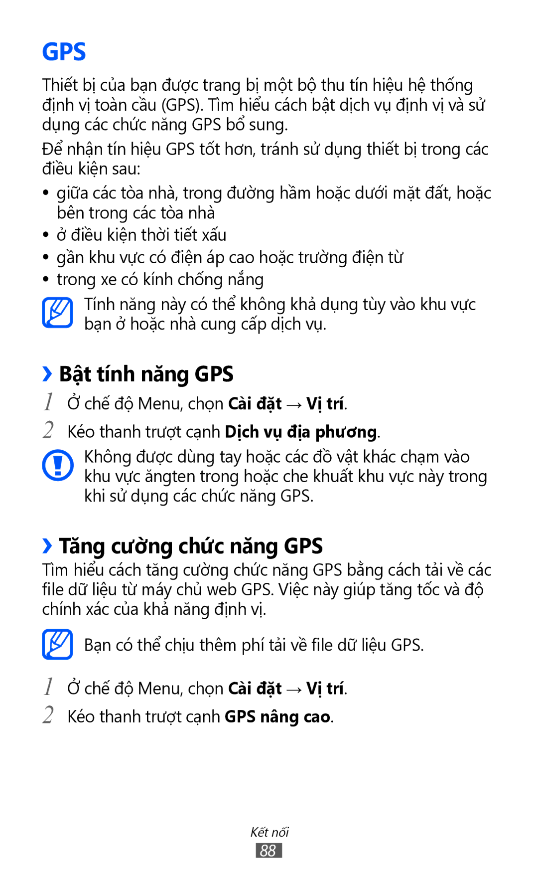 Samsung GT-S7250MSDXEV, GT-S7250MSDXXV manual ››Bật tính năng GPS, ››Tăng cường chức năng GPS 