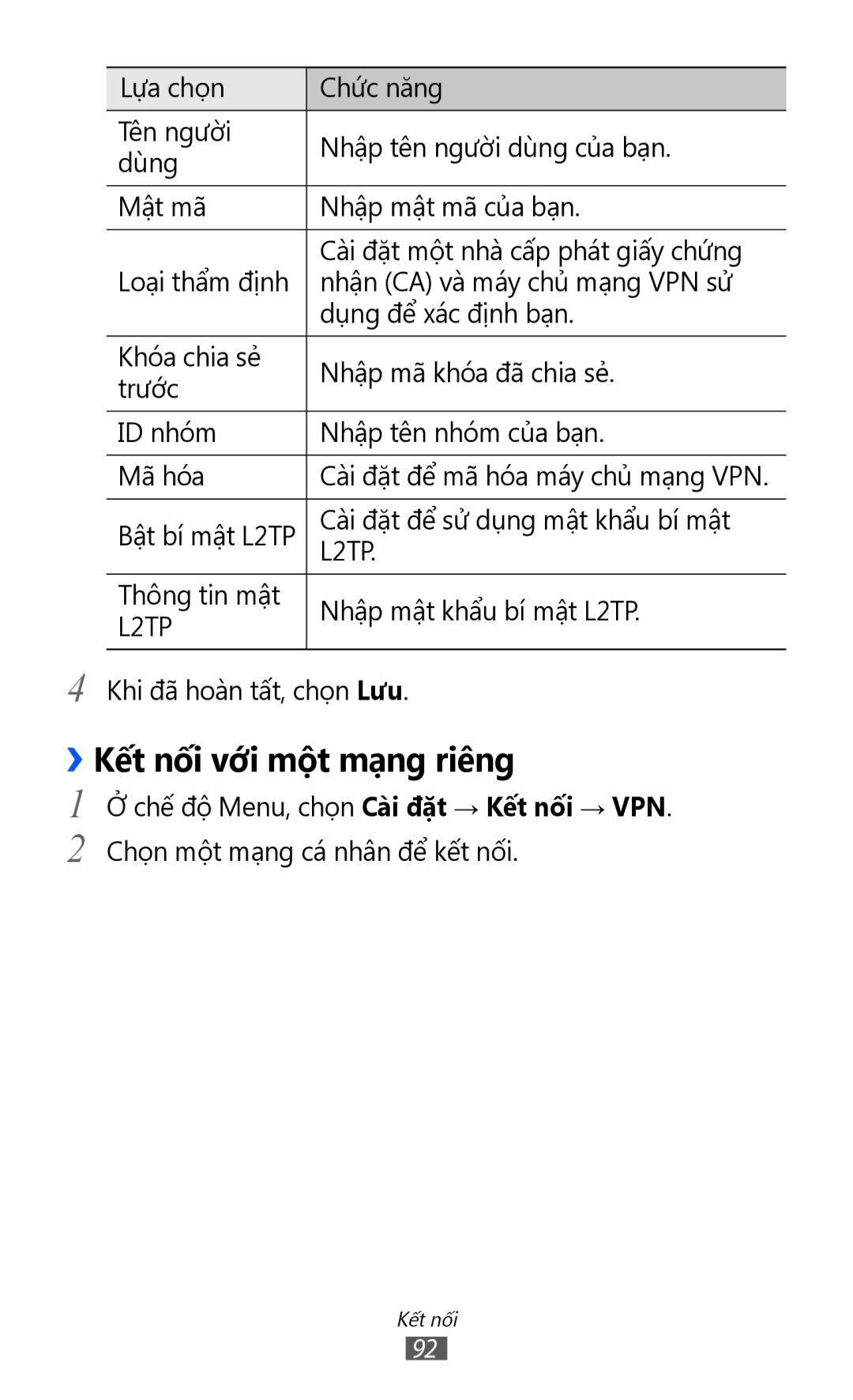 Samsung GT-S7250MSDXEV, GT-S7250MSDXXV manual ››Kết nối với một mạng riêng 