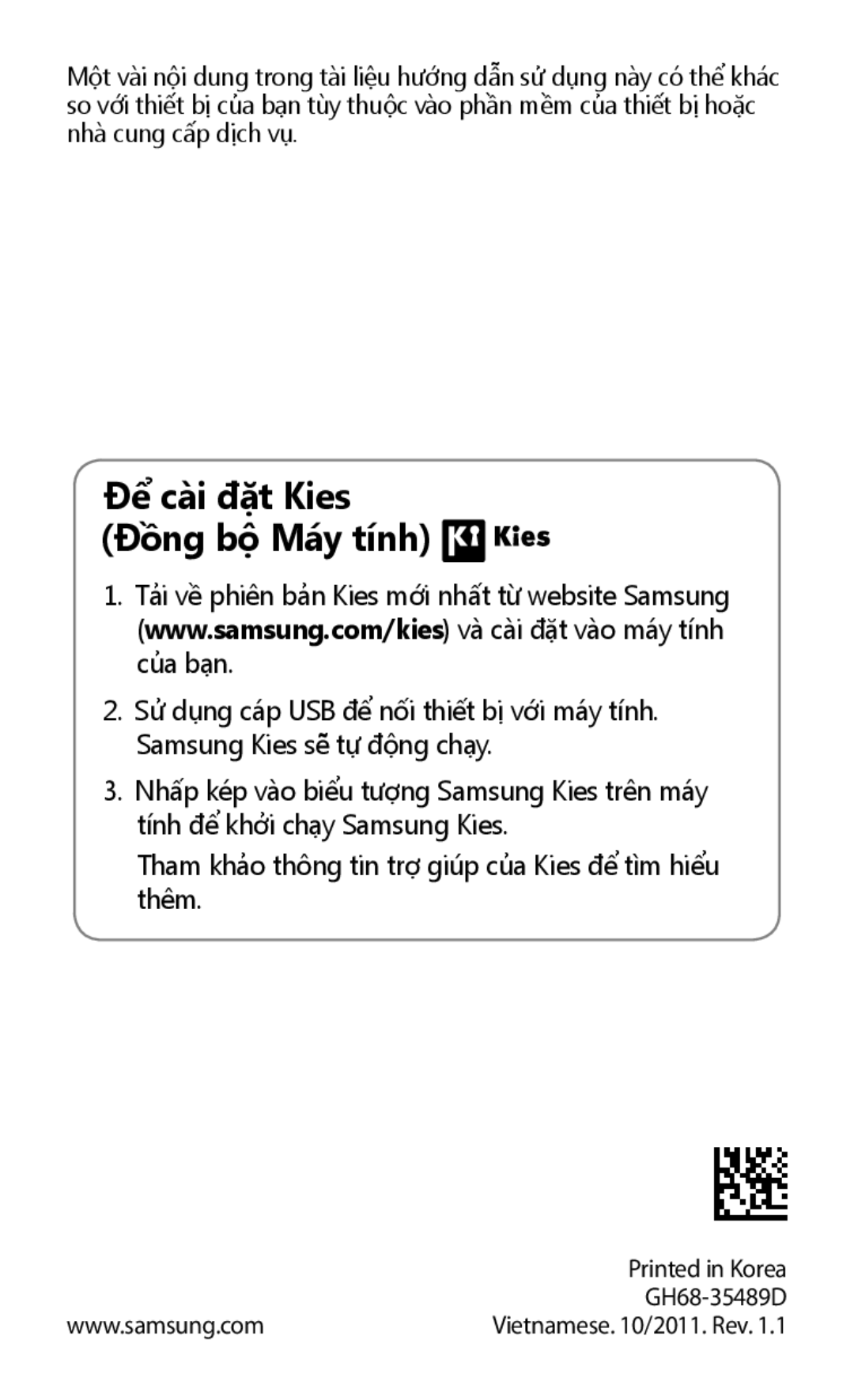 Samsung GT-S7250MSDXEV, GT-S7250MSDXXV manual Để cài đặt Kies Đồng bộ Máy tính 