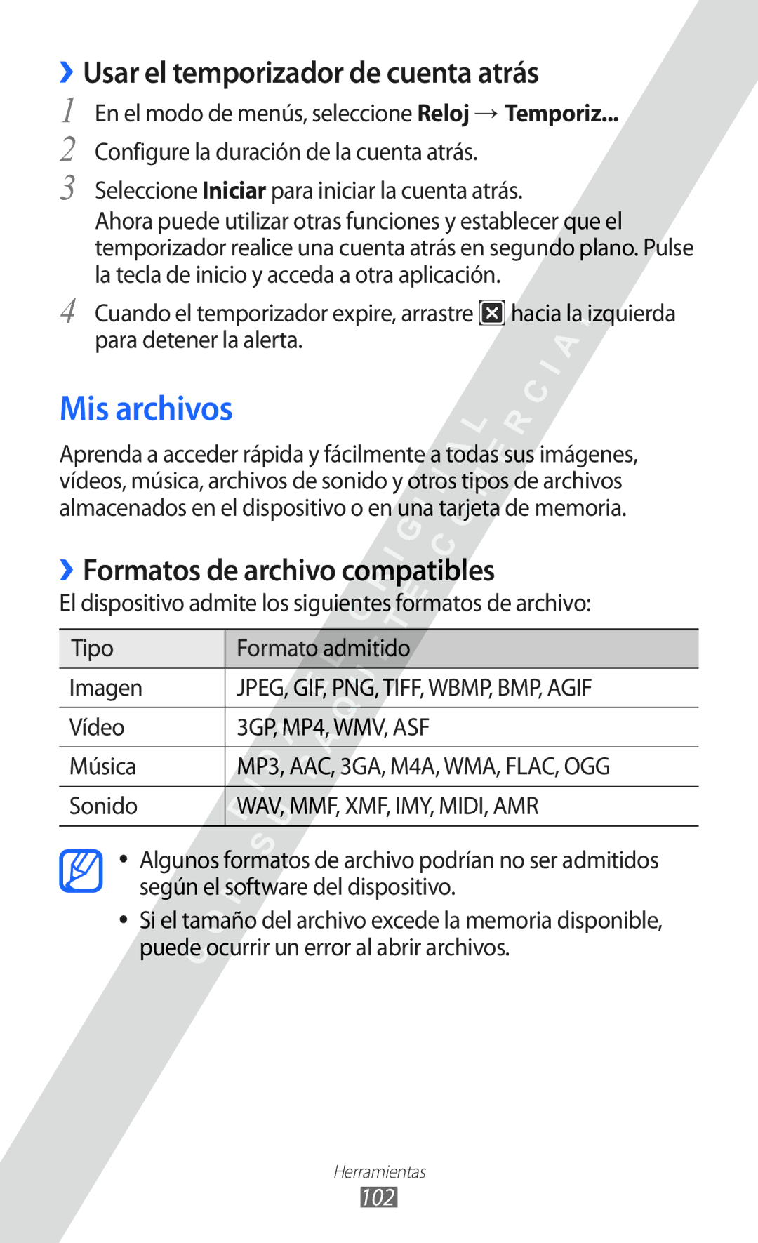 Samsung GT-S7250MSDYOG manual Mis archivos, ››Usar el temporizador de cuenta atrás, Sonido, 102 