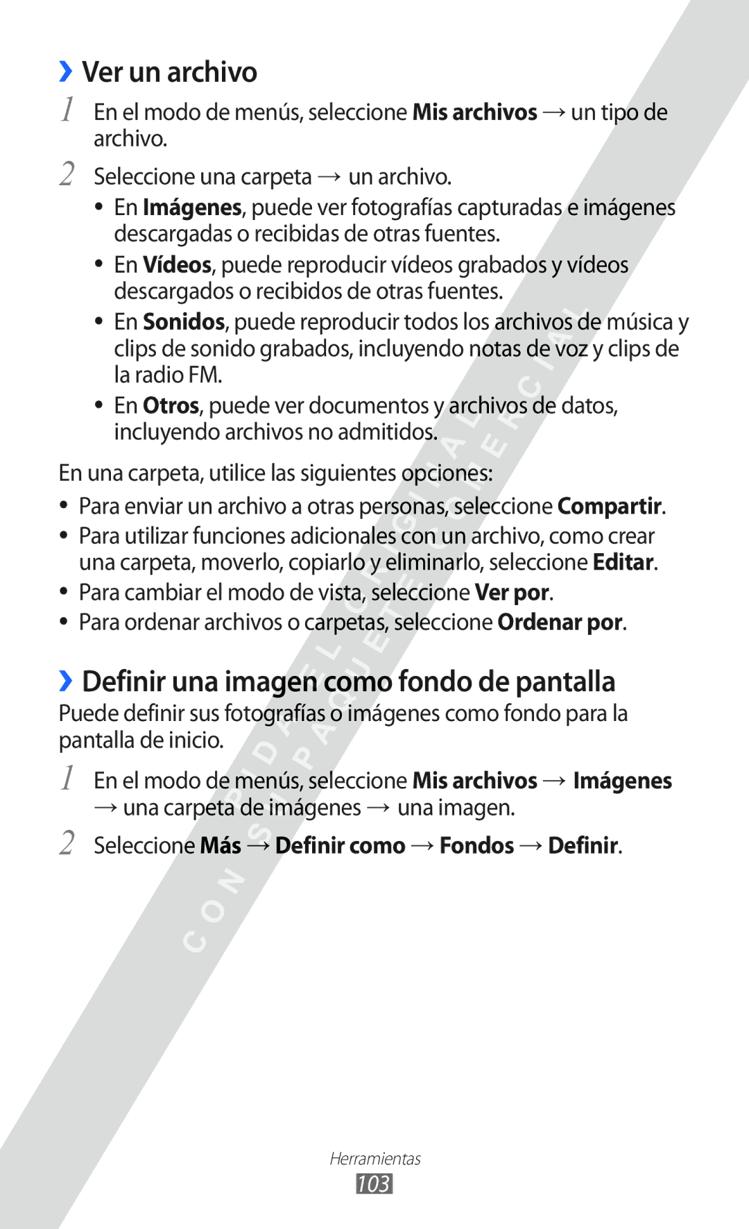 Samsung GT-S7250MSDYOG manual ››Ver un archivo, ››Definir una imagen como fondo de pantalla, 103 