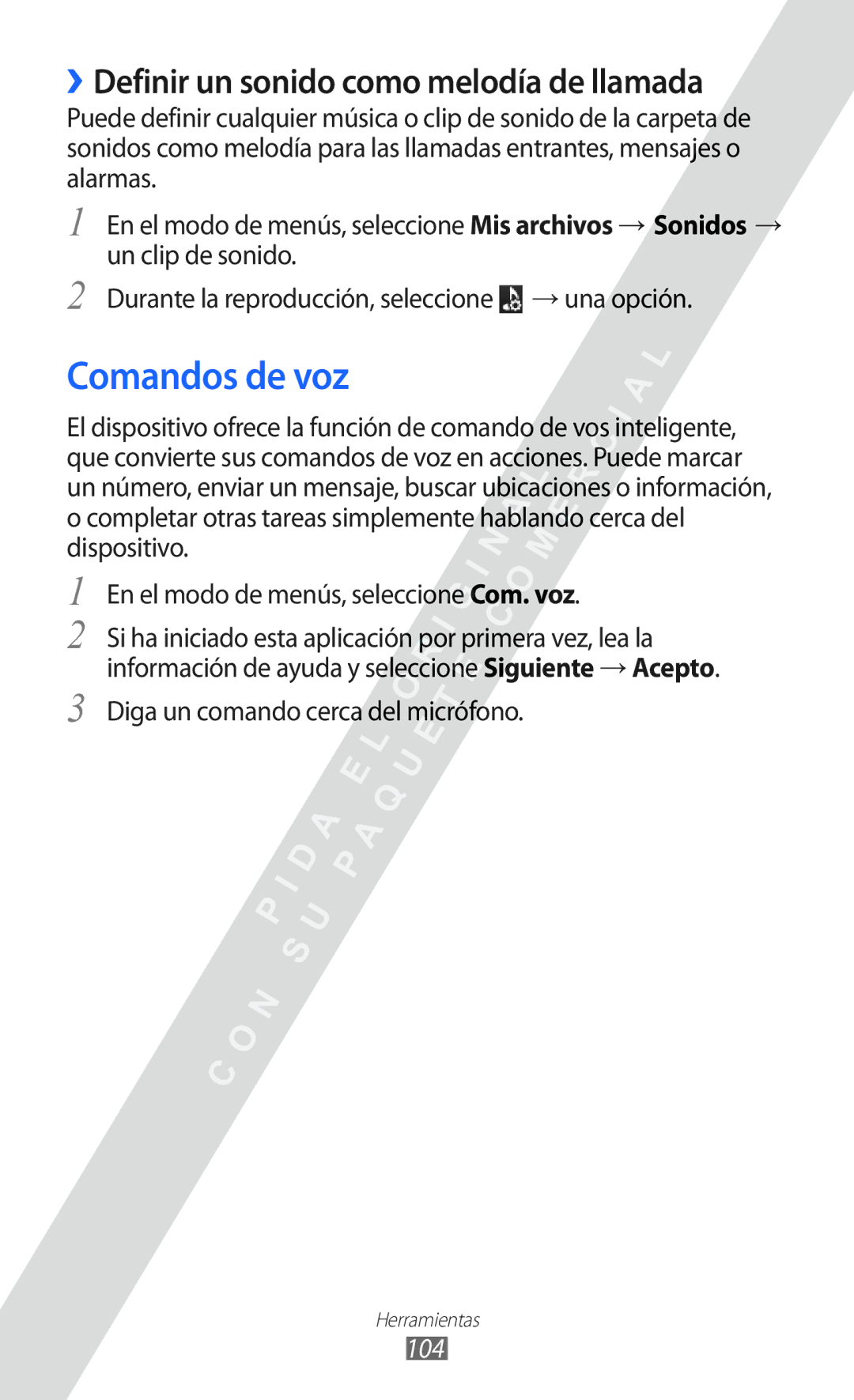 Samsung GT-S7250MSDYOG Comandos de voz, ››Definir un sonido como melodía de llamada, Diga un comando cerca del micrófono 