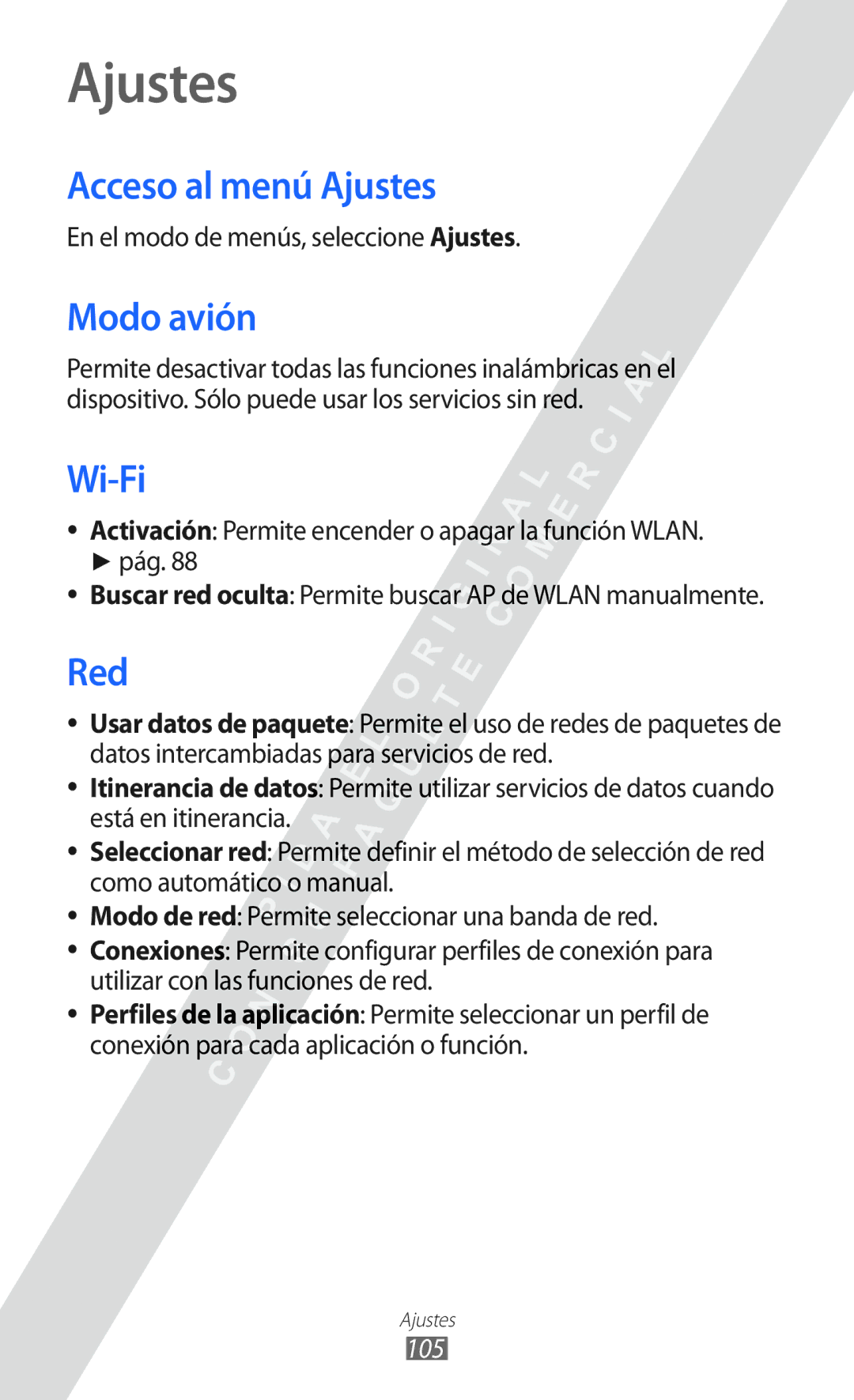 Samsung GT-S7250MSDYOG manual Acceso al menú Ajustes, Modo avión, Red, 105 