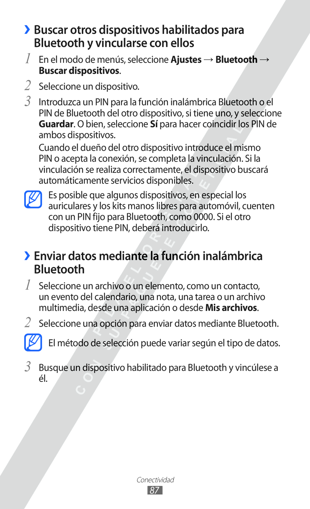 Samsung GT-S7250MSDYOG manual ››Enviar datos mediante la función inalámbrica Bluetooth, Buscar dispositivos 