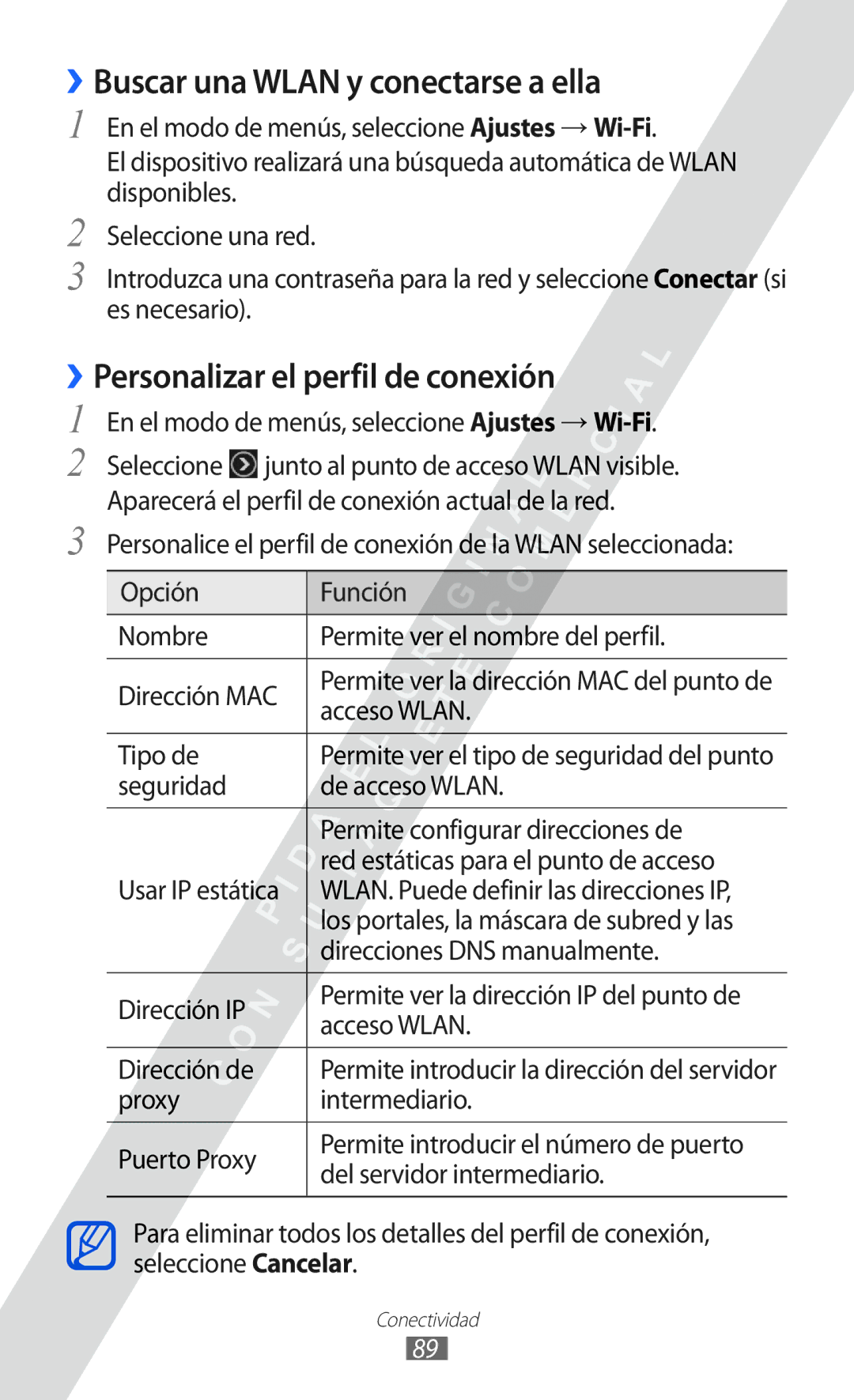 Samsung GT-S7250MSDYOG manual ››Buscar una Wlan y conectarse a ella, ››Personalizar el perfil de conexión 