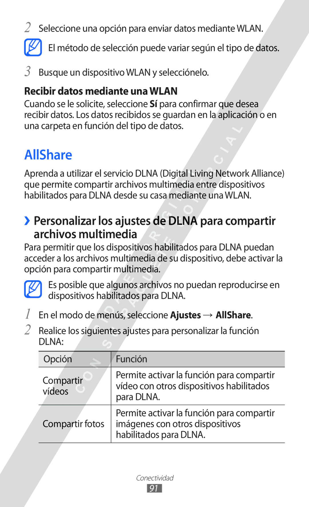 Samsung GT-S7250MSDYOG manual AllShare, Recibir datos mediante una Wlan 