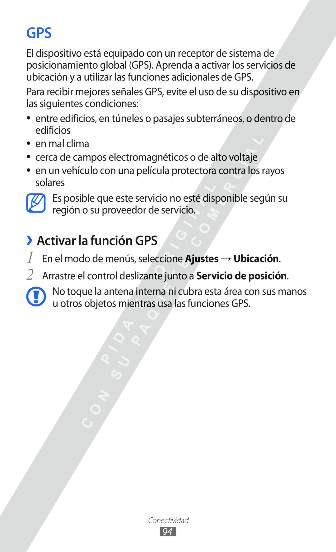 Samsung GT-S7250MSDYOG manual Gps, ››Activar la función GPS 