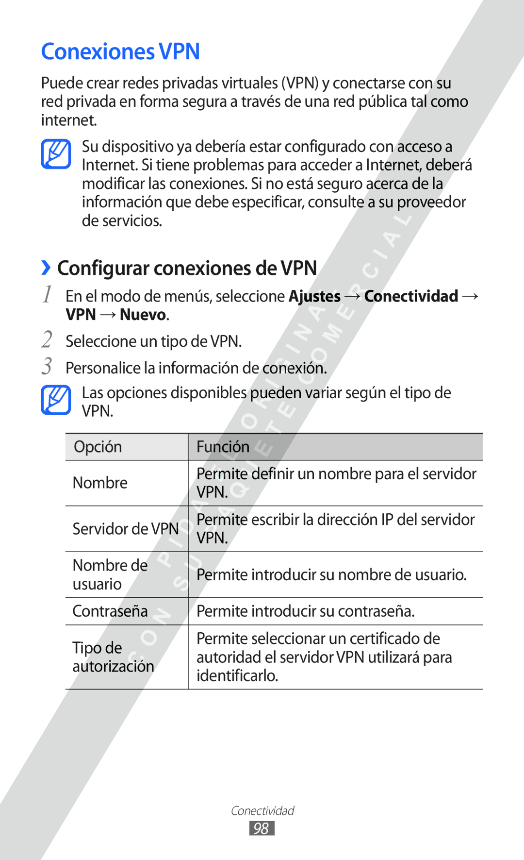 Samsung GT-S7250MSDYOG manual Conexiones VPN, ››Configurar conexiones de VPN, Usuario, Identificarlo 