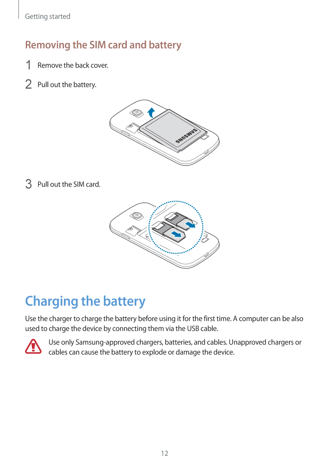 Samsung GT-S7262MKASER, GT-S7262WRASER manual Charging the battery, Removing the SIM card and battery, Pull out the SIM card 