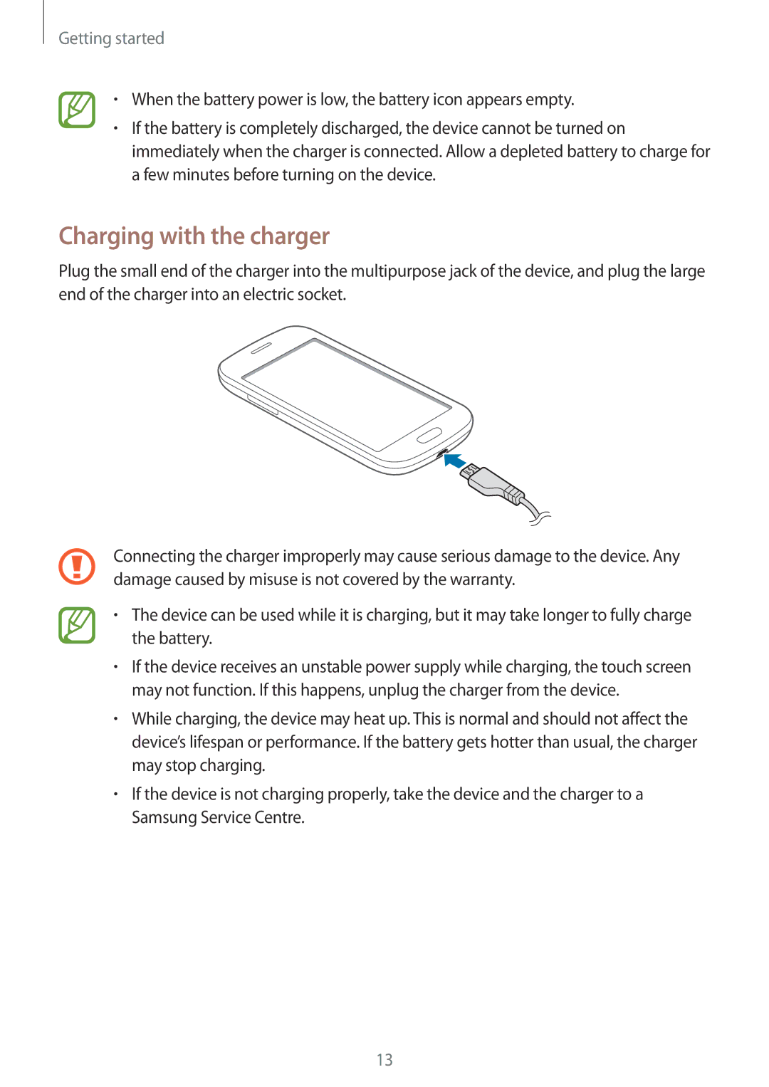 Samsung GT-S7262ZOASER, GT-S7262WRASER, GT-S7262EGASER, GT-S7262MKASER, GT-S7262ZWASER manual Charging with the charger 